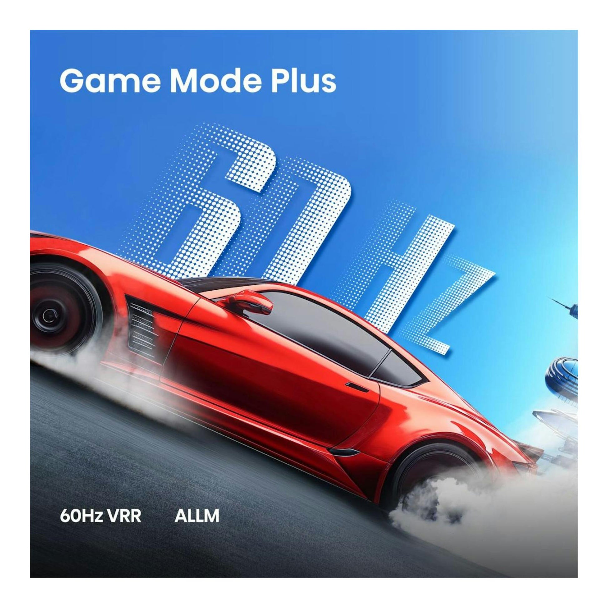 Gráfico promocional de Hisense 55Q7S con coche deportivo rojo y texto “Game Mode Plus”, “60Hz VRR” y “ALLM”.