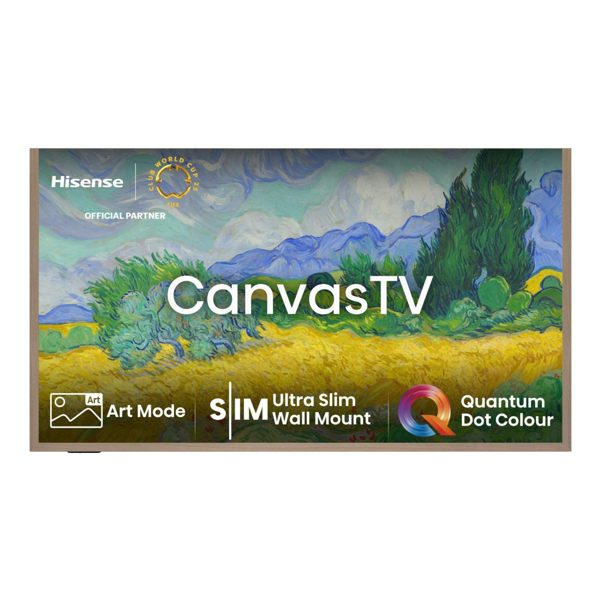 Televisor Hisense 55S7NQ CanvasTV, vista frontal, marco efecto madera y pantalla con paisaje artístico.