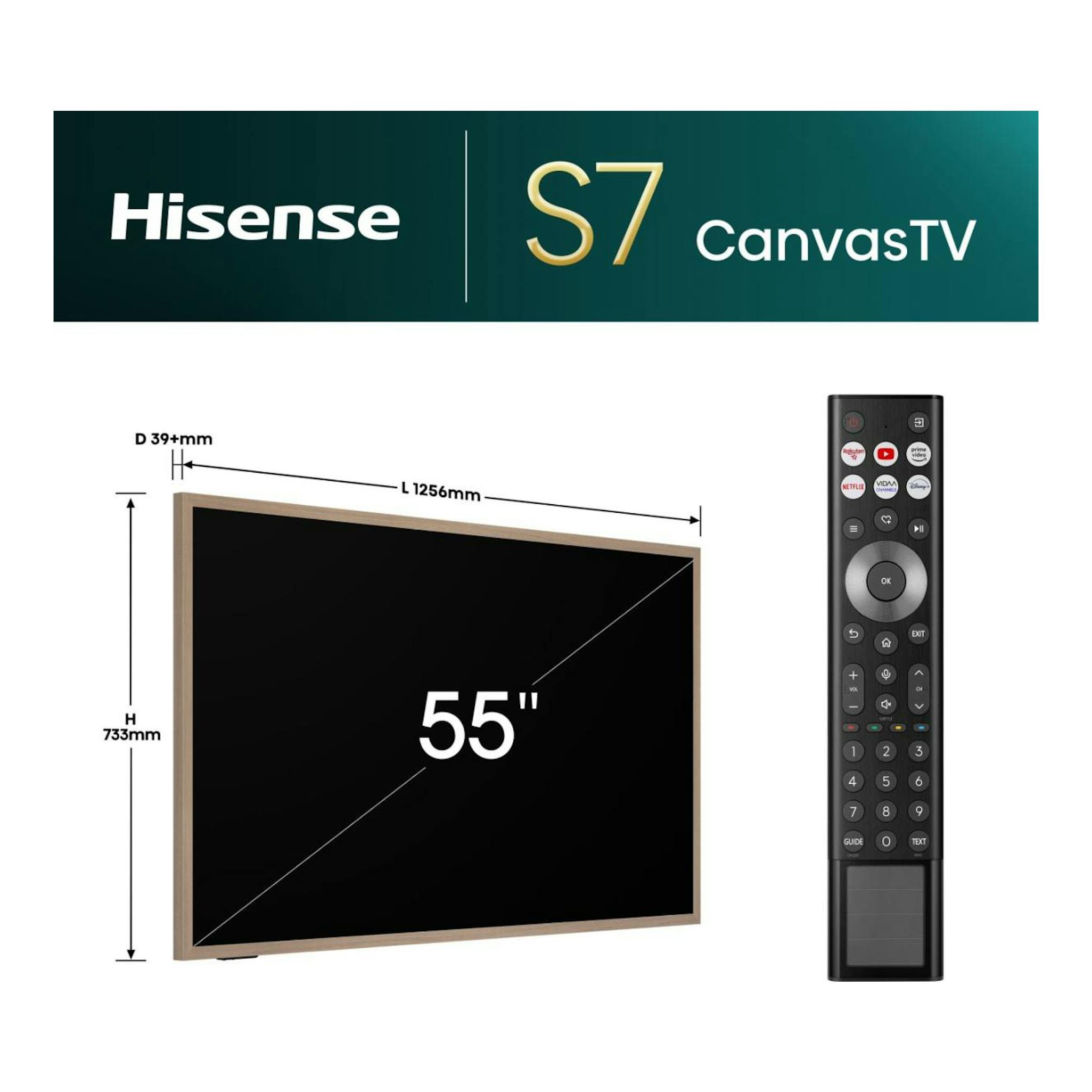 Hisense 55S7NQ CanvasTV de 55", vista frontal en ligero ángulo, marco color madera y mando a distancia.