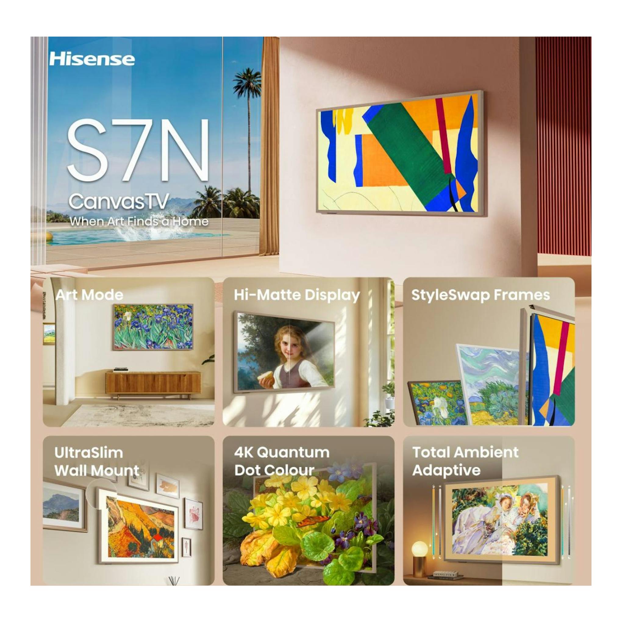 Televisor Hisense S7N CanvasTV montado en pared, con imagen abstracta multicolor.
