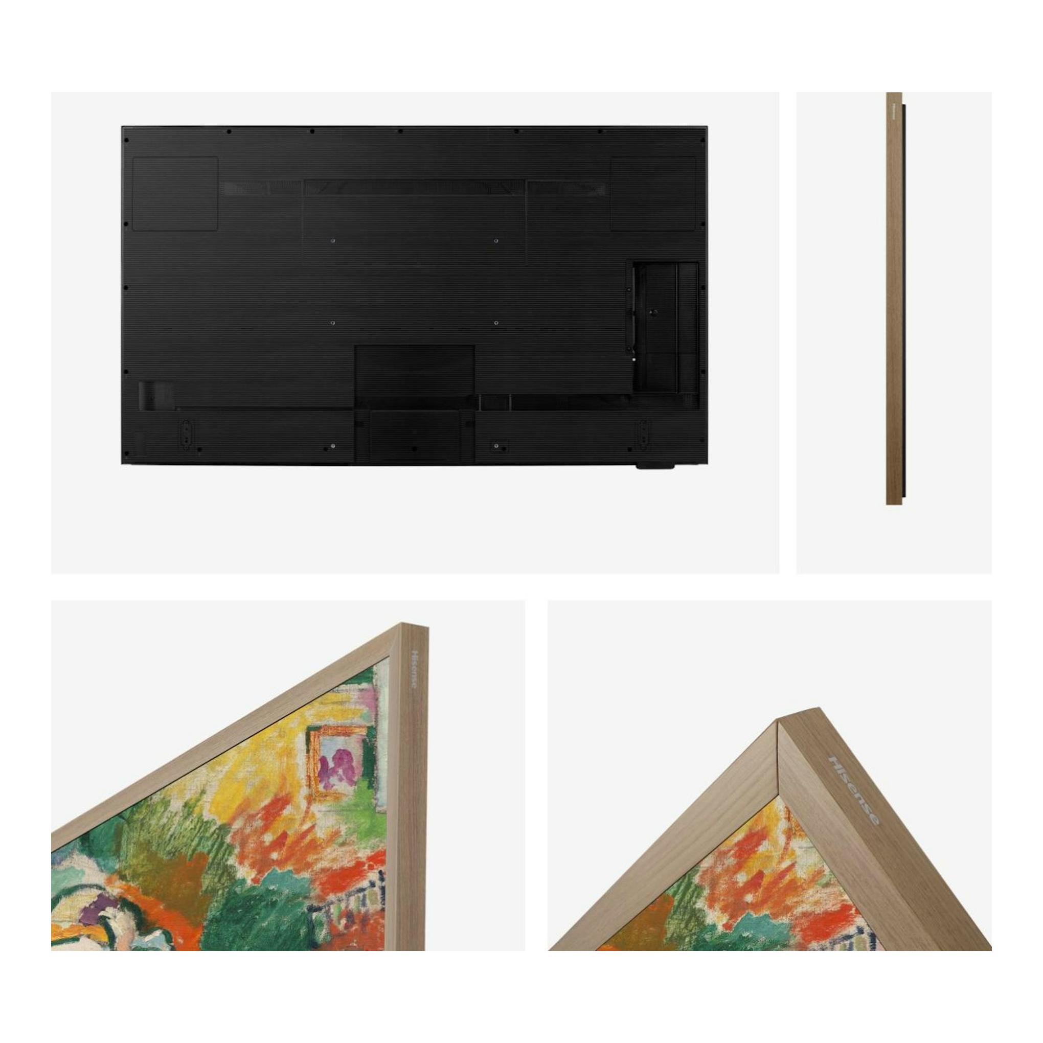 Hisense 55S7NQ, televisor de 55 pulgadas, vista trasera negra y perfil lateral con marco efecto madera.