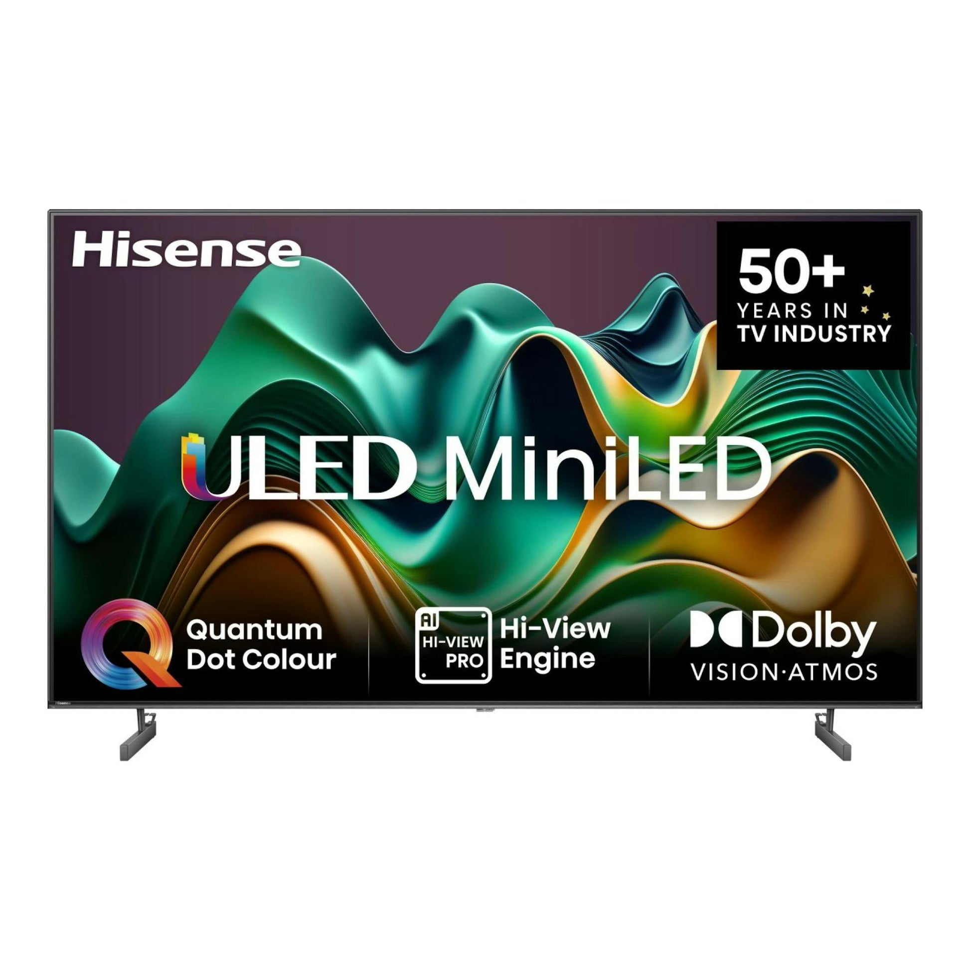 Televisor Hisense ULED Mini LED, vista frontal, con pantalla promocional y peanas negras.