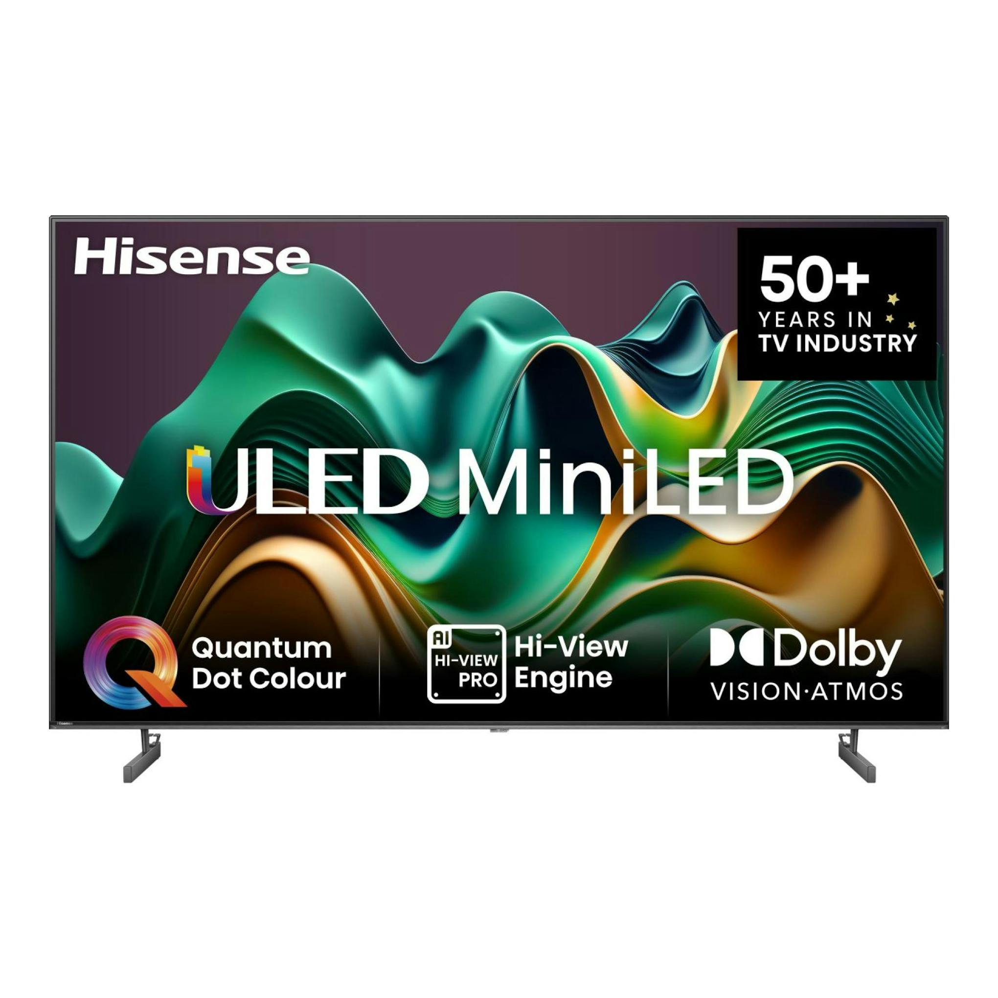 Televisor Hisense ULED Mini LED, vista frontal, con pantalla promocional y peanas negras.