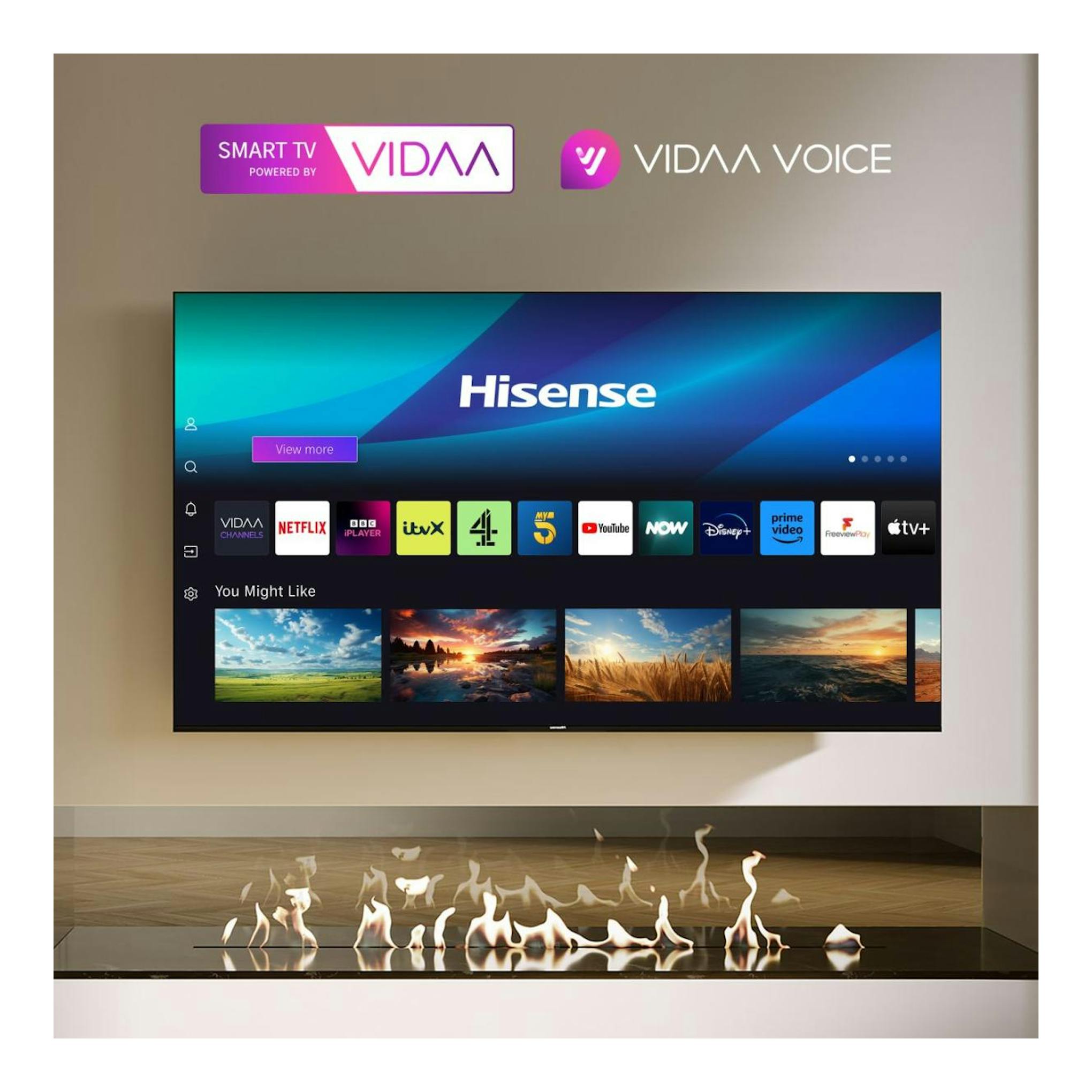 Televisor Hisense 55U6NQ, vista frontal, pantalla plana negra montada en pared con interfaz VIDAA.