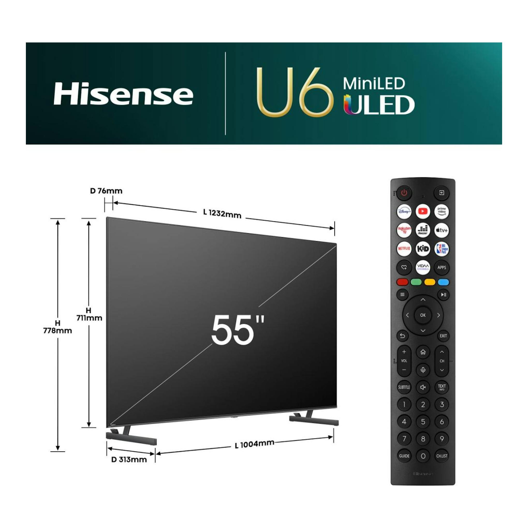 Televisor Hisense 55U6NQ MiniLED ULED de 55", con mando y dimensiones en vista frontal.