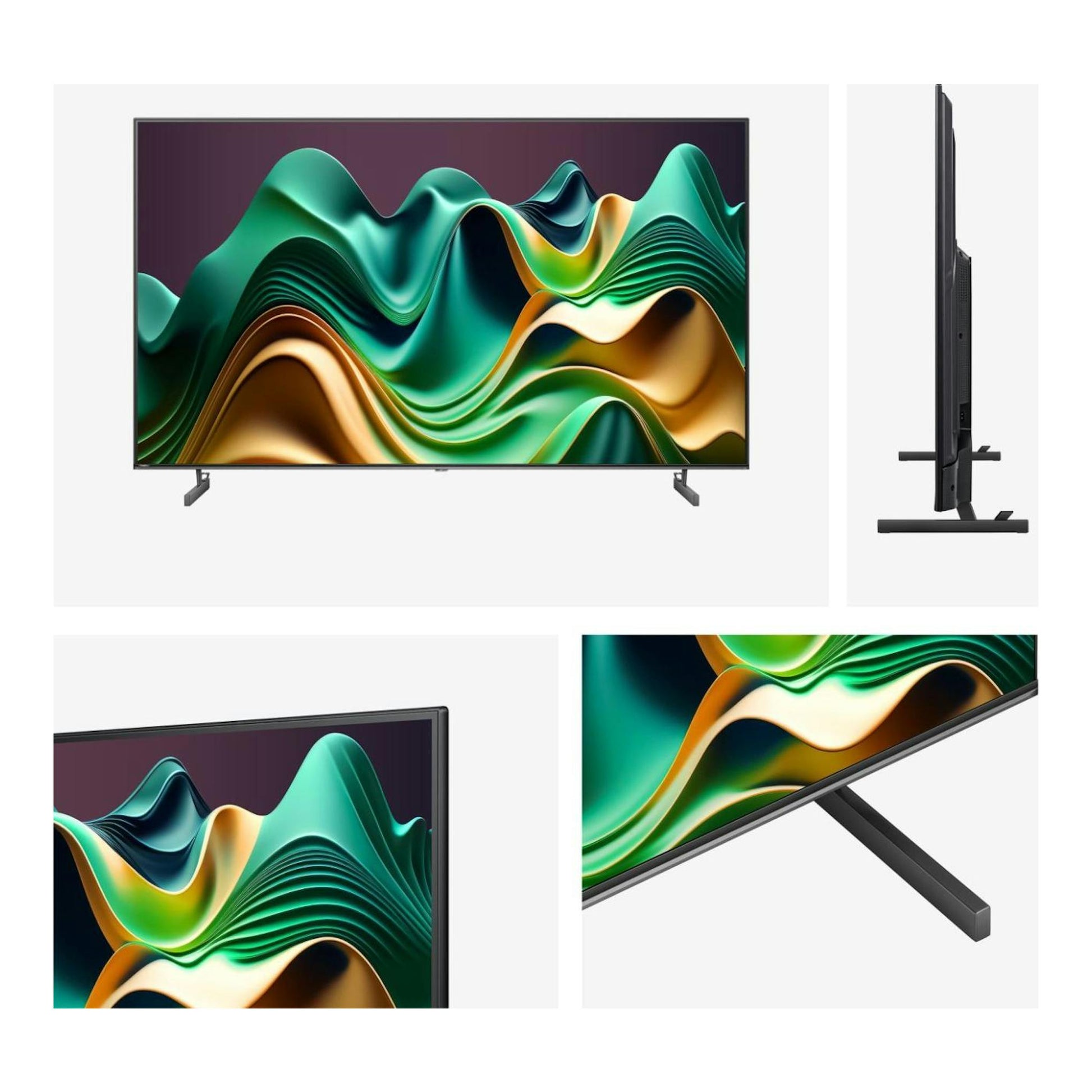 Televisor Hisense 55U6NQ negro, vista frontal y lateral, con soporte de patas.