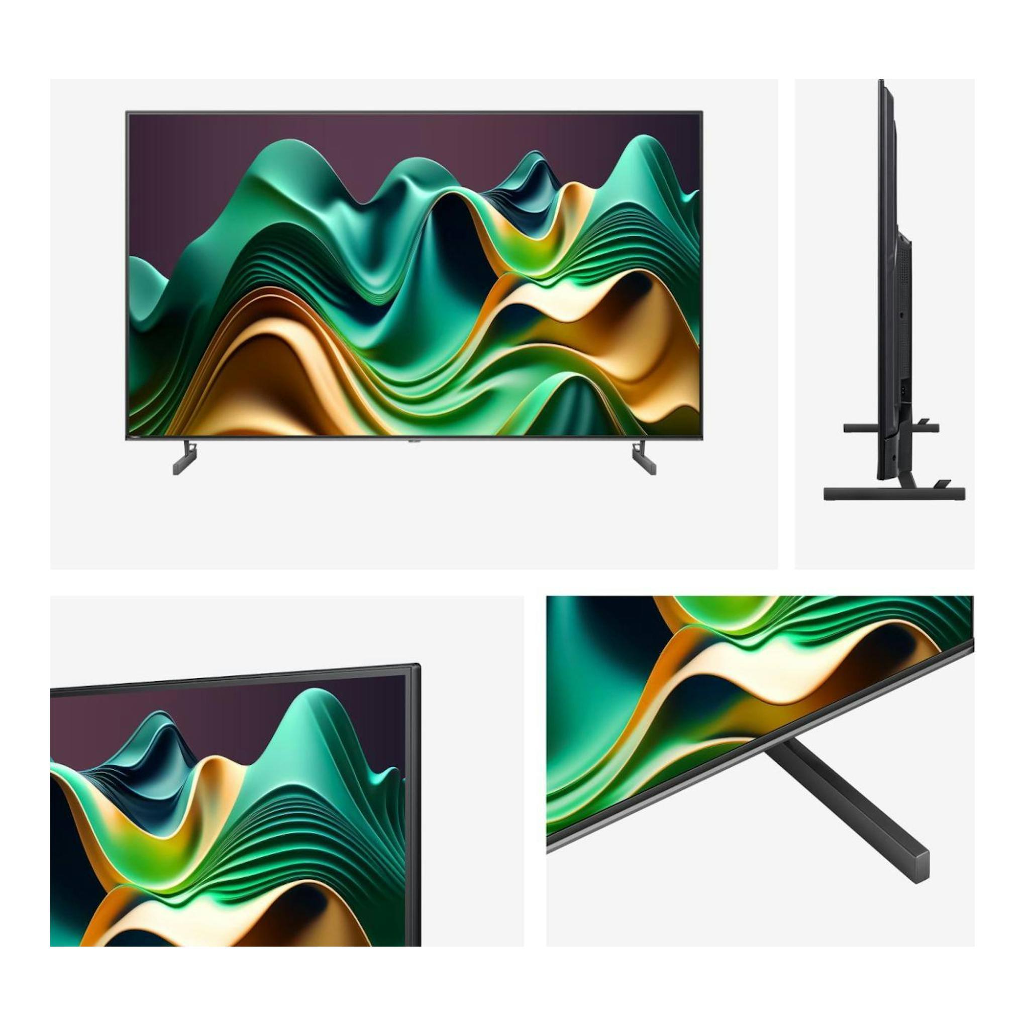 Televisor Hisense 55U6NQ negro, vista frontal y lateral, con soporte de patas.