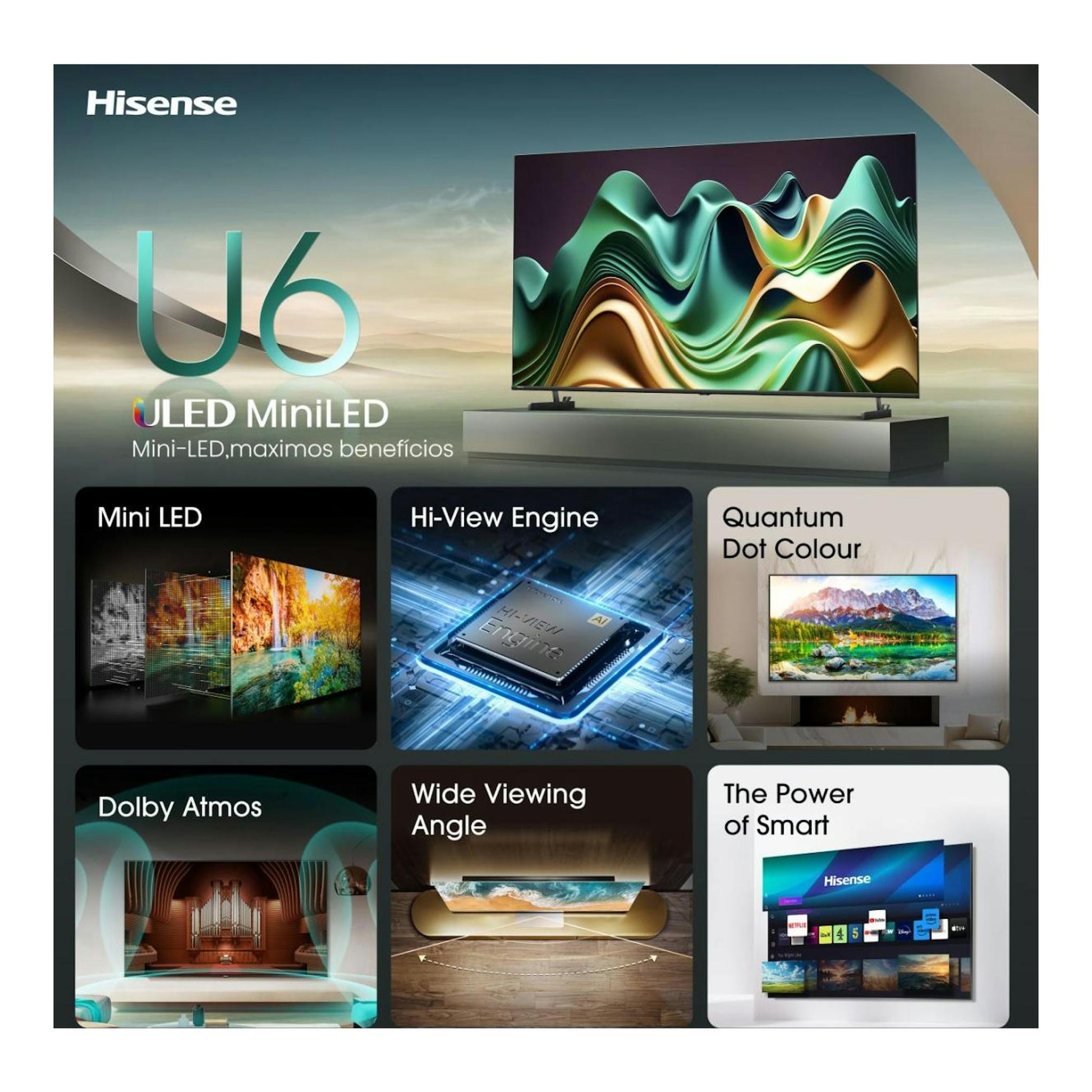 Televisor Hisense 55U6NQ, vista frontal, con pantalla y recuadros de funciones Mini LED y smart.