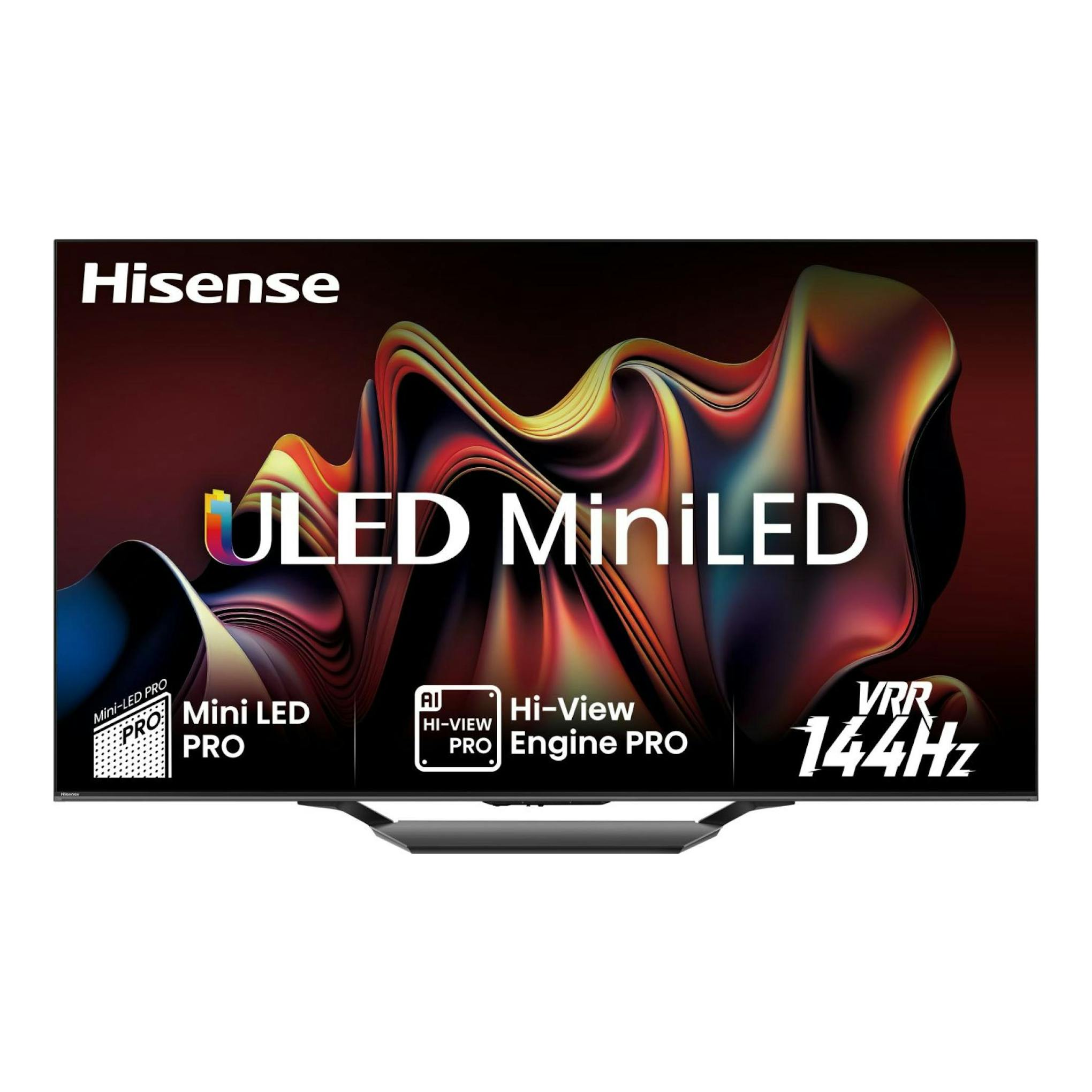 Televisor Hisense 55U7NQ en vista frontal, pantalla negra con gráfico ULED Mini LED y texto 144 Hz.