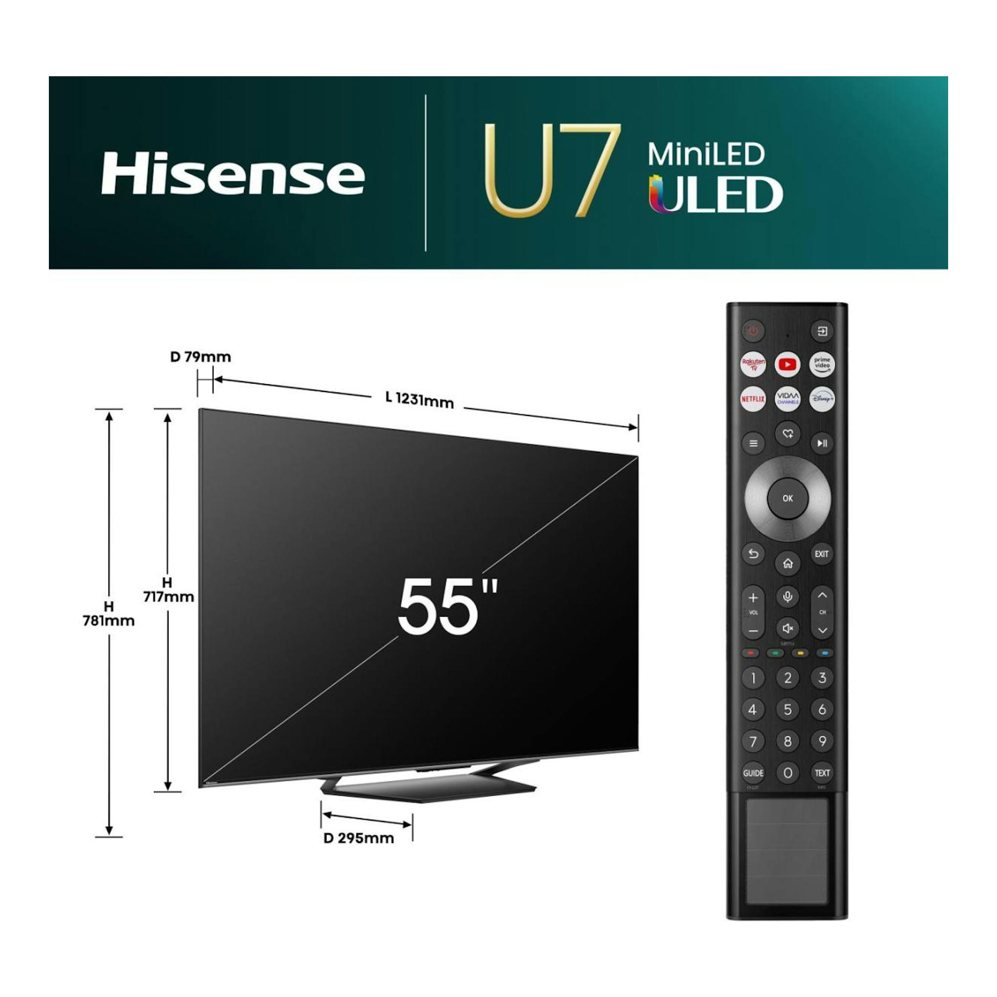 Hisense 55U7NQ: televisor negro de 55″ en vista frontal, con medidas y mando a distancia.