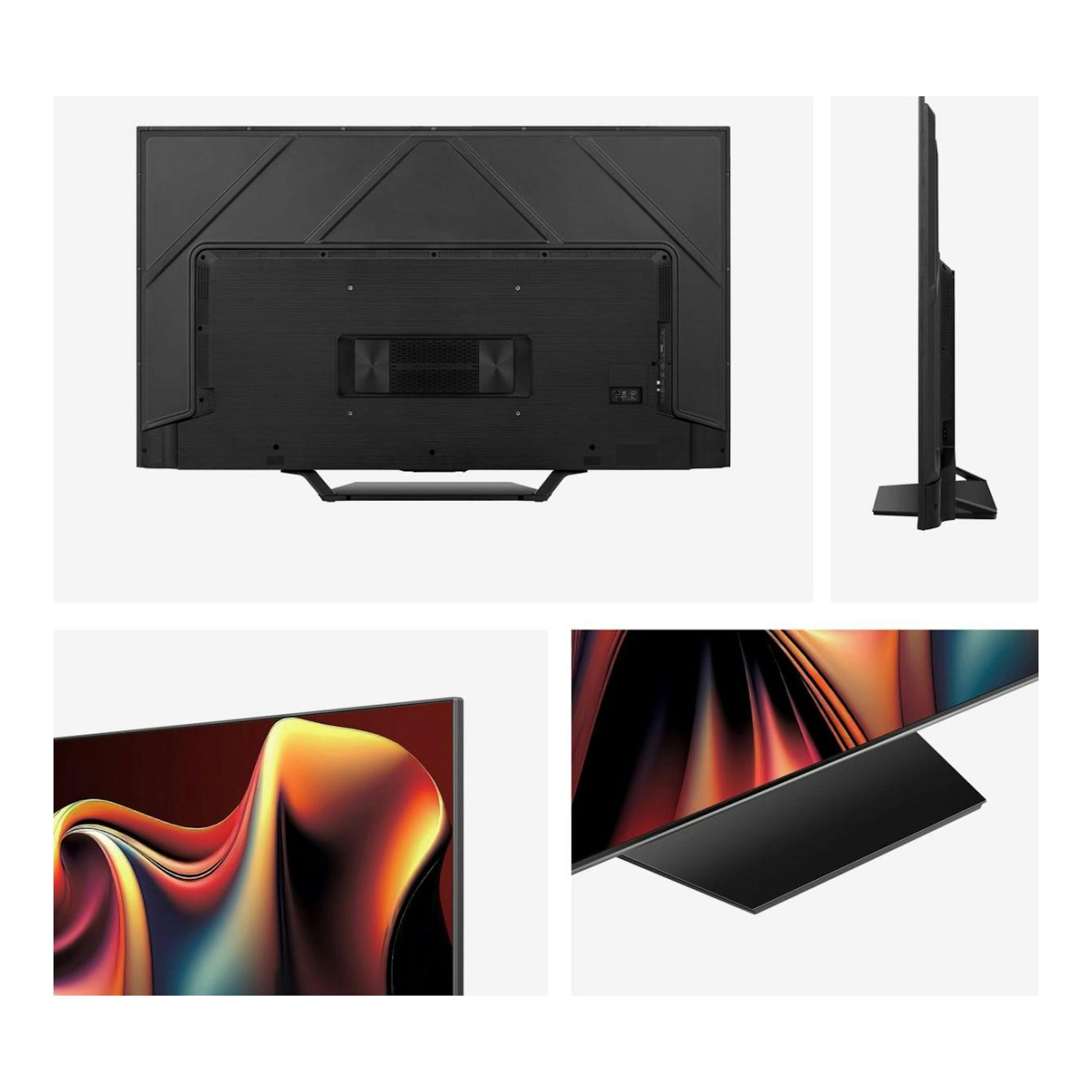 Collage del televisor Hisense 55U7NQ, con vistas trasera, lateral y frontal parcial, en color negro.