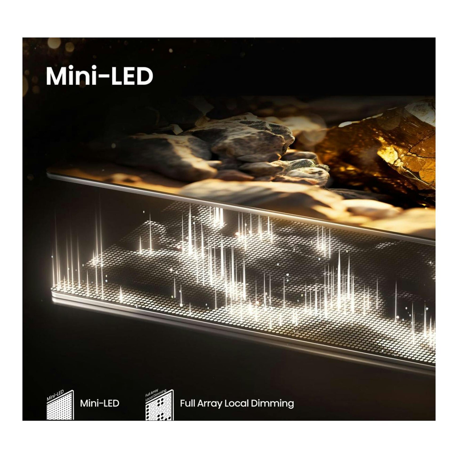 Ilustración de Hisense 55E8Q Mini-LED, vista lateral, con esquema de retroiluminación Full Array Local Dimming.