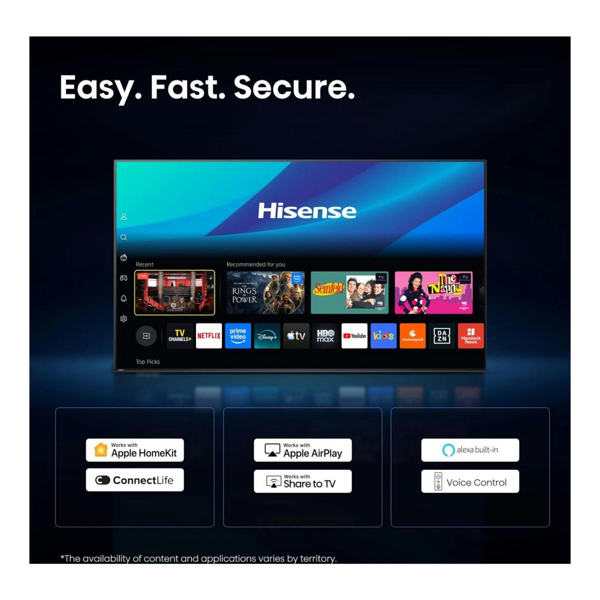 Televisor Hisense 55UR8S, vista frontal, con pantalla de inicio y logotipos de HomeKit, AirPlay y Alexa.