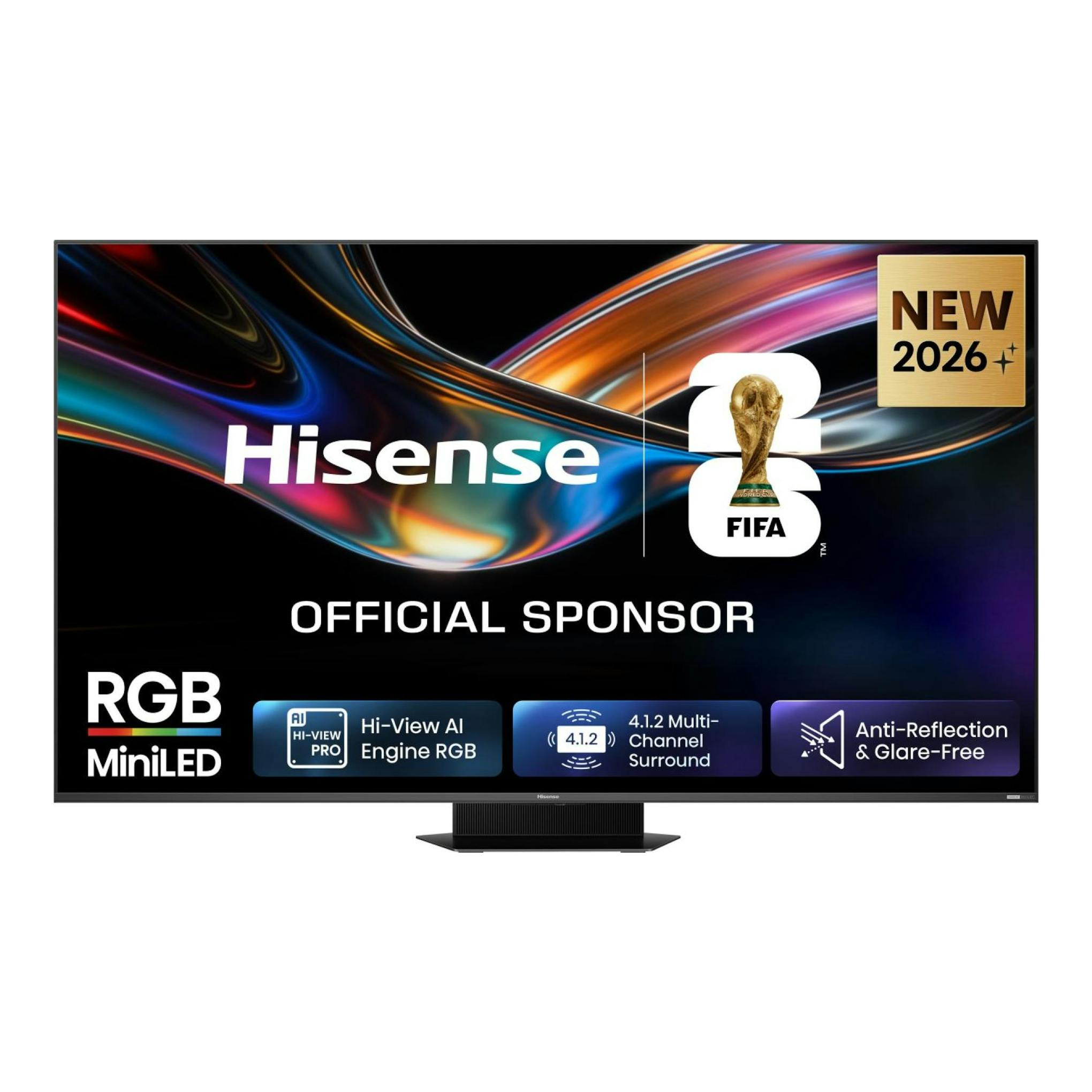 Televisor Hisense 75UR9S, vista frontal, pantalla negra con base central y gráficos RGB Mini LED.