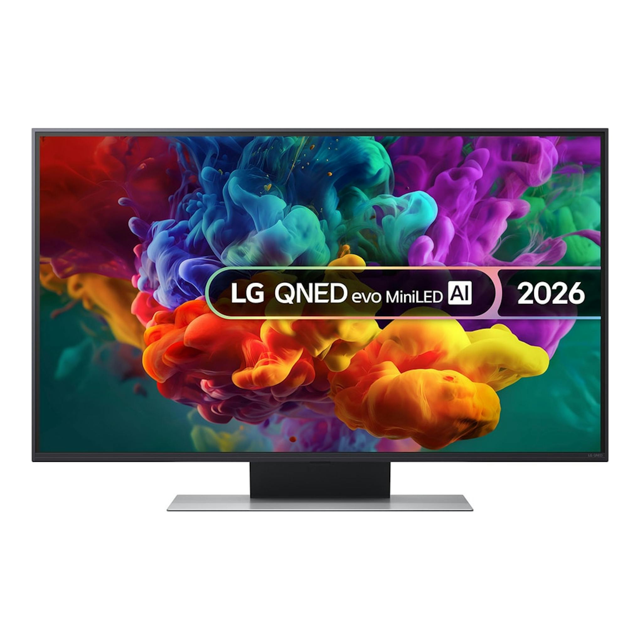 Televisor LG QNED 55QNED86B6B.AEU, vista frontal, marco negro y peana central, con imagen multicolor.