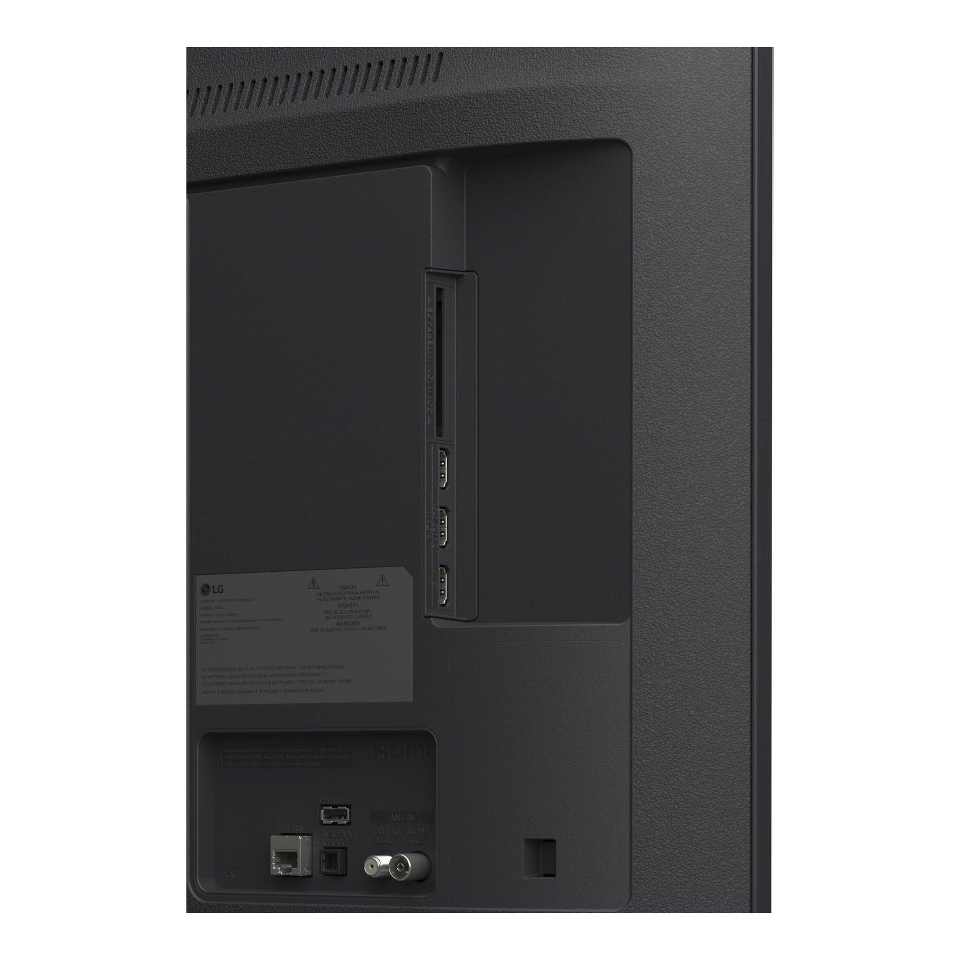 Parte trasera de un televisor LG 55UA75006LA negro, vista posterior con puertos y panel de conexiones.