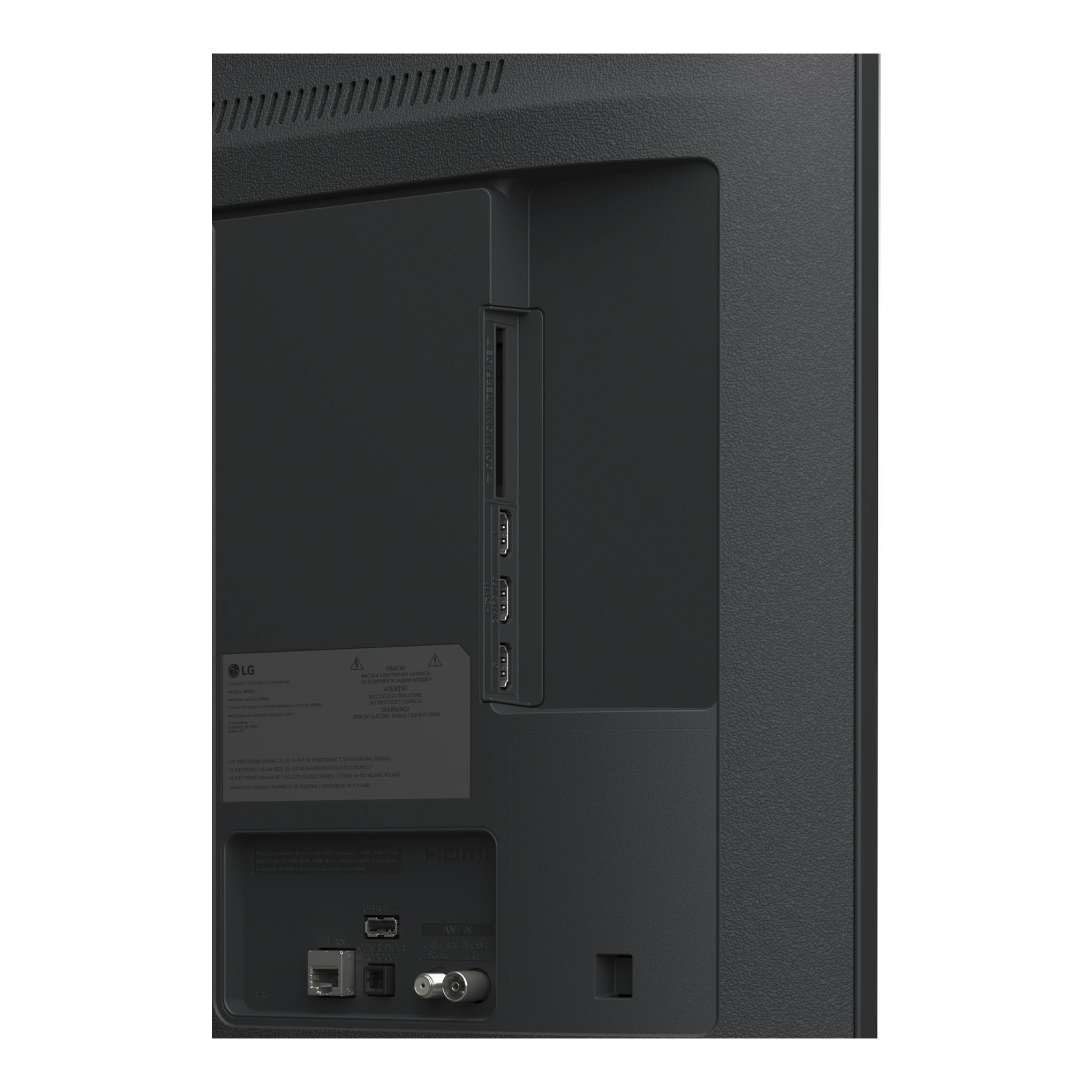 Parte trasera de un televisor LG 55UA75006LA negro, vista posterior con puertos y panel de conexiones.