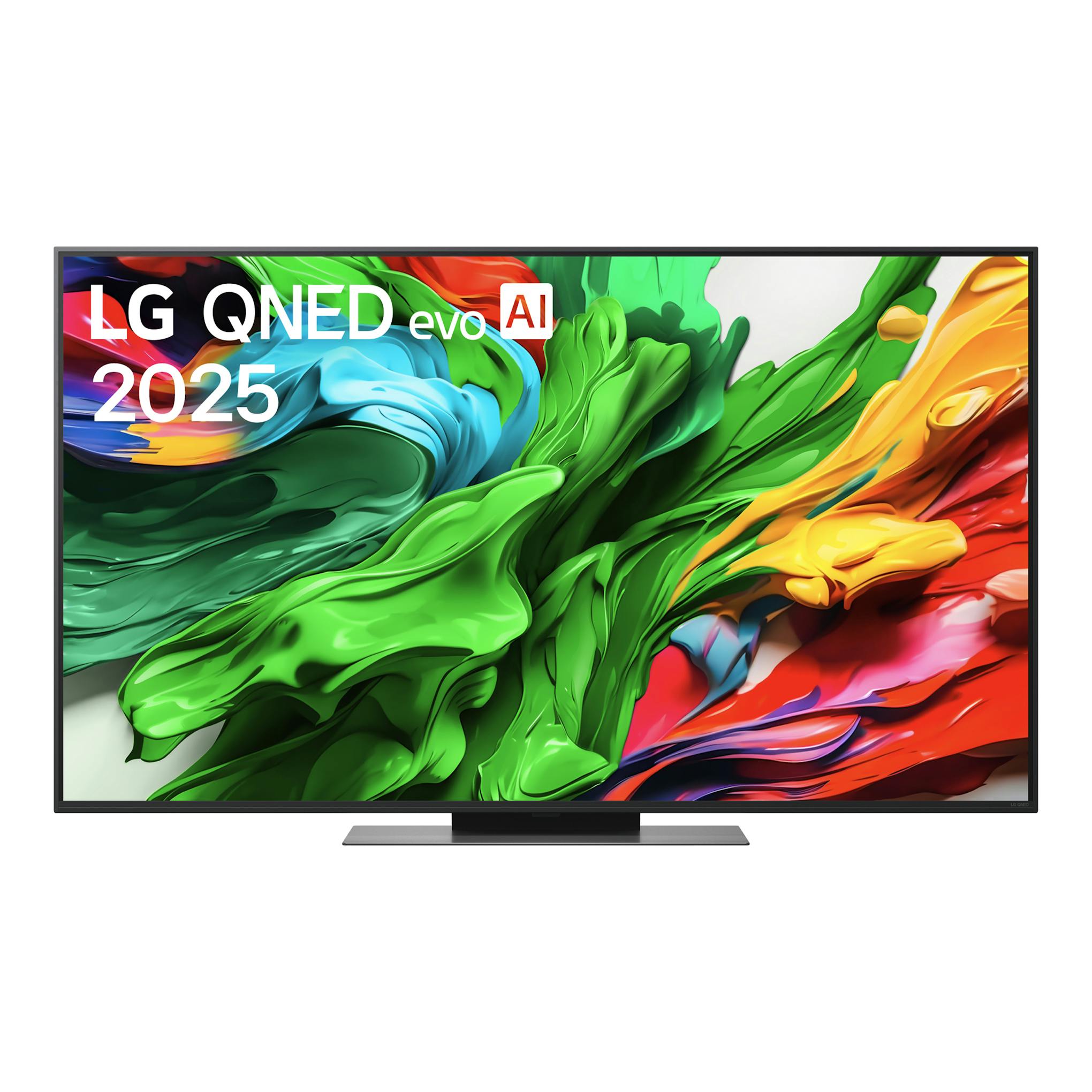 Televisor LG 55QNED87A6B, vista frontal, pantalla con fondo abstracto multicolor y base central.