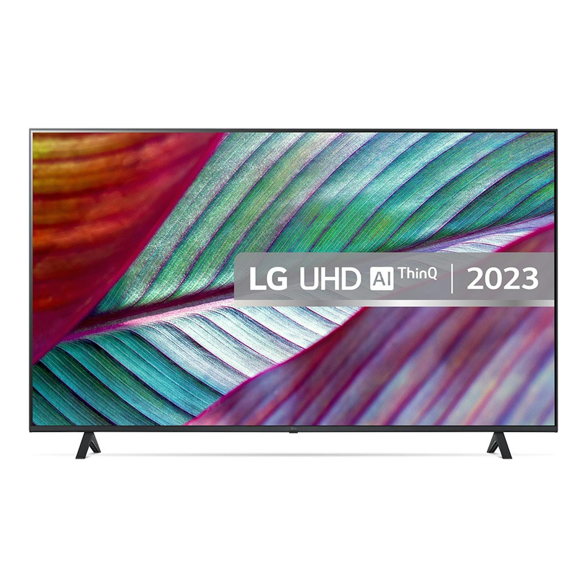 Televisor LG 55UR78006LK, vista frontal, pantalla UHD con fondo blanco y patas negras.