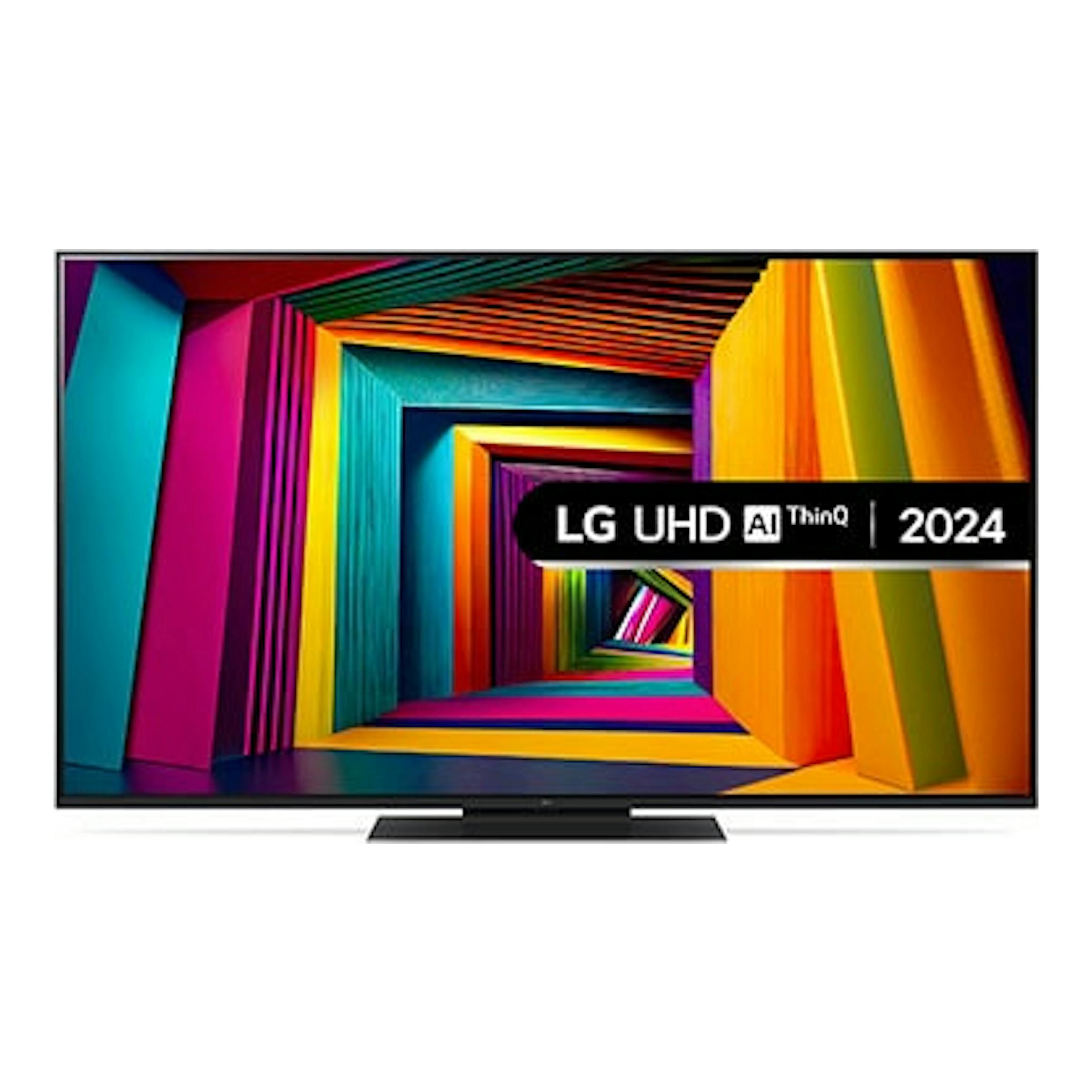 Televisor LG 55UT91006LA.AEU, vista frontal, pantalla con gráfico multicolor y base negra.