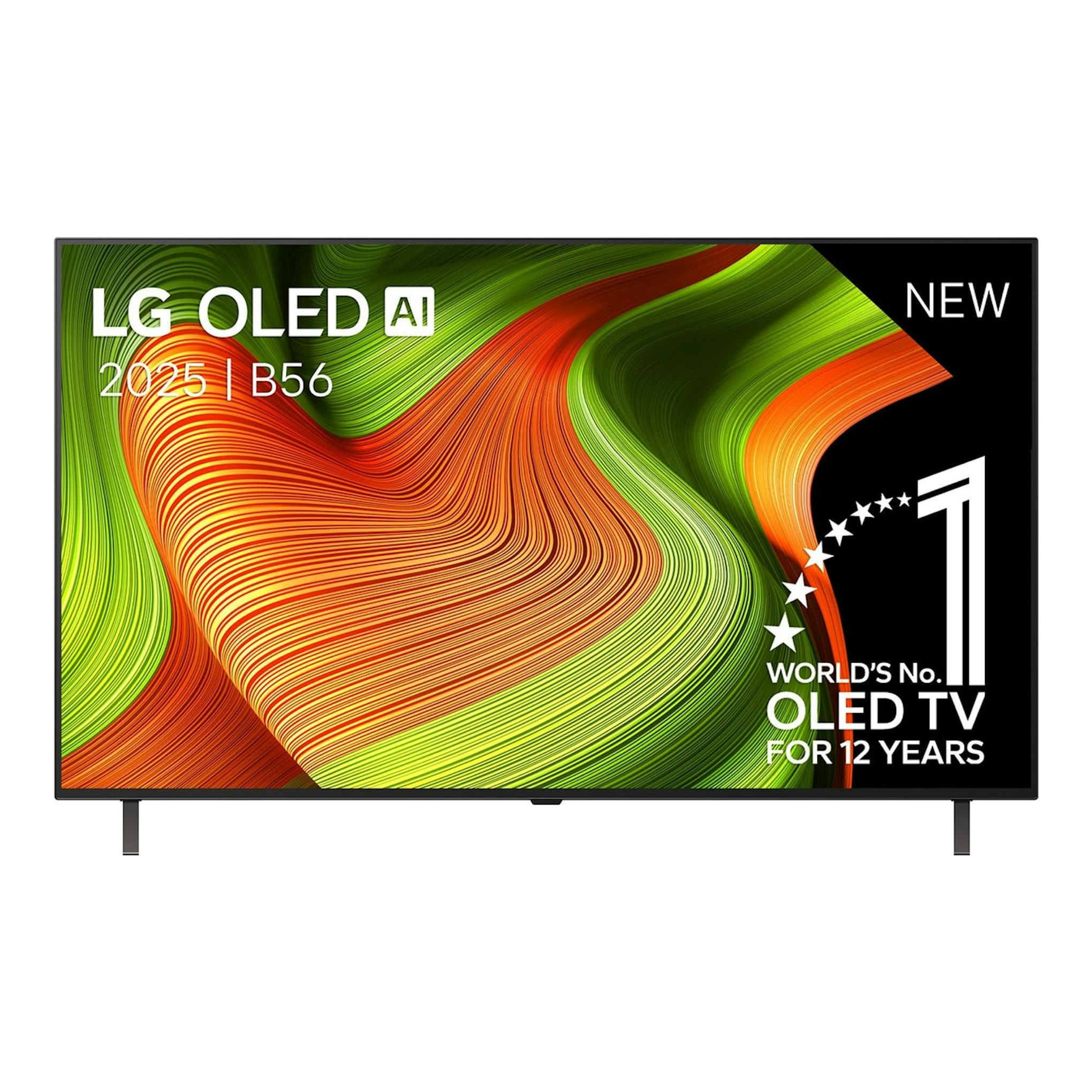 Televisor LG OLED55B56LA, vista frontal, pantalla con fondo abstracto verde y naranja y texto “NEW”.