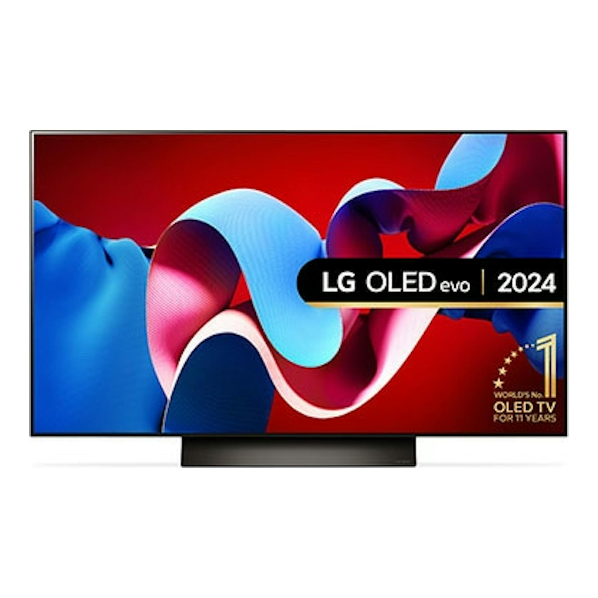 Televisor LG OLED evo 2024, vista frontal, pantalla con imagen abstracta y base negra.