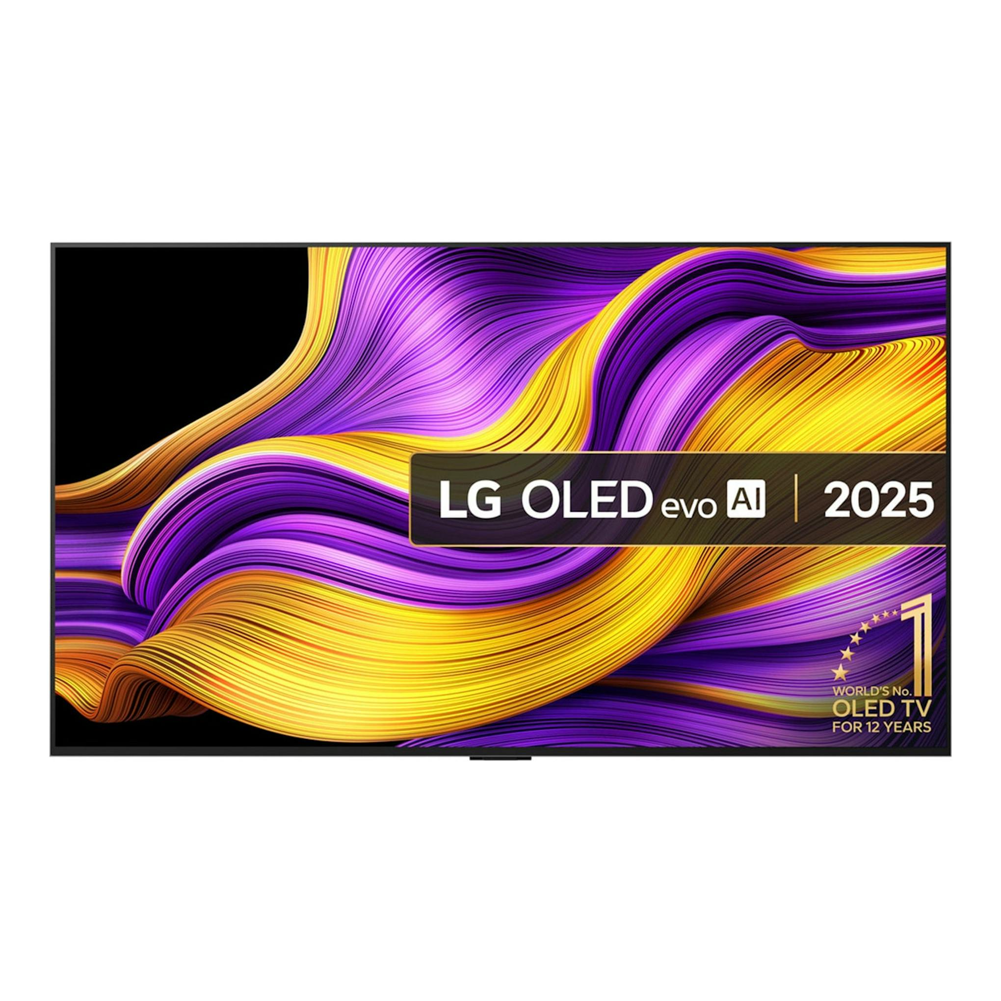 Televisor LG OLED55G54LW OLED evo, vista frontal, pantalla con gráfico abstracto morado, amarillo y naranja.