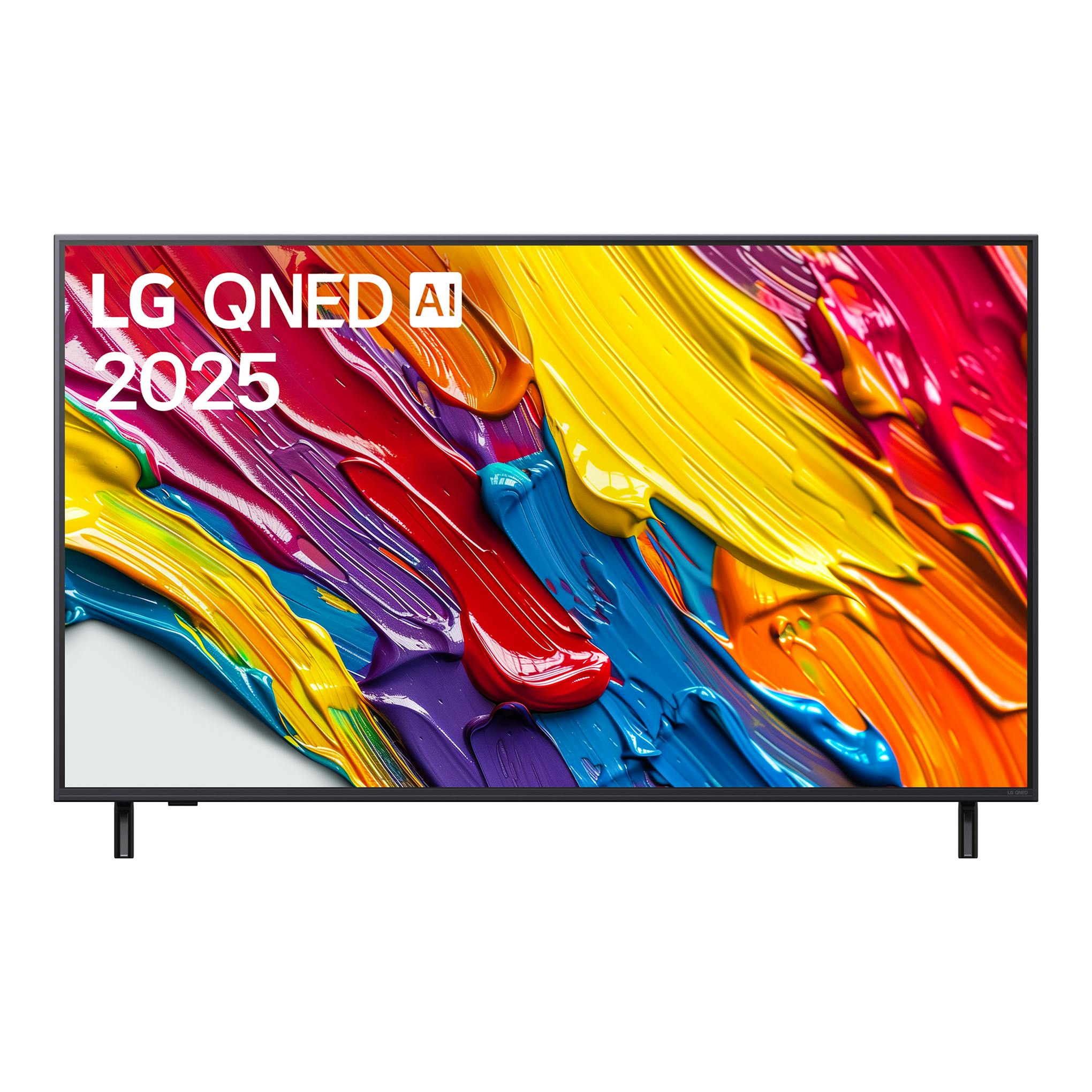 Televisor LG QNED AI 2025, vista frontal, pantalla con gráfico abstracto multicolor y base negra.