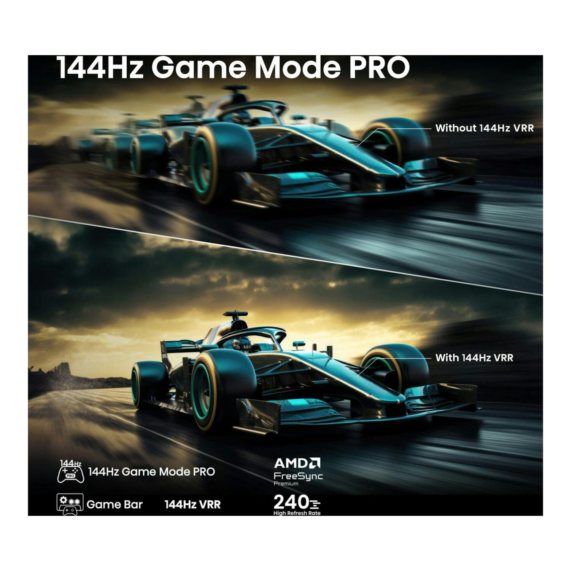 Hisense 55E8Q: gráfico promocional con un coche de Fórmula 1 en dos vistas, textos 144Hz Game Mode PRO y VRR.