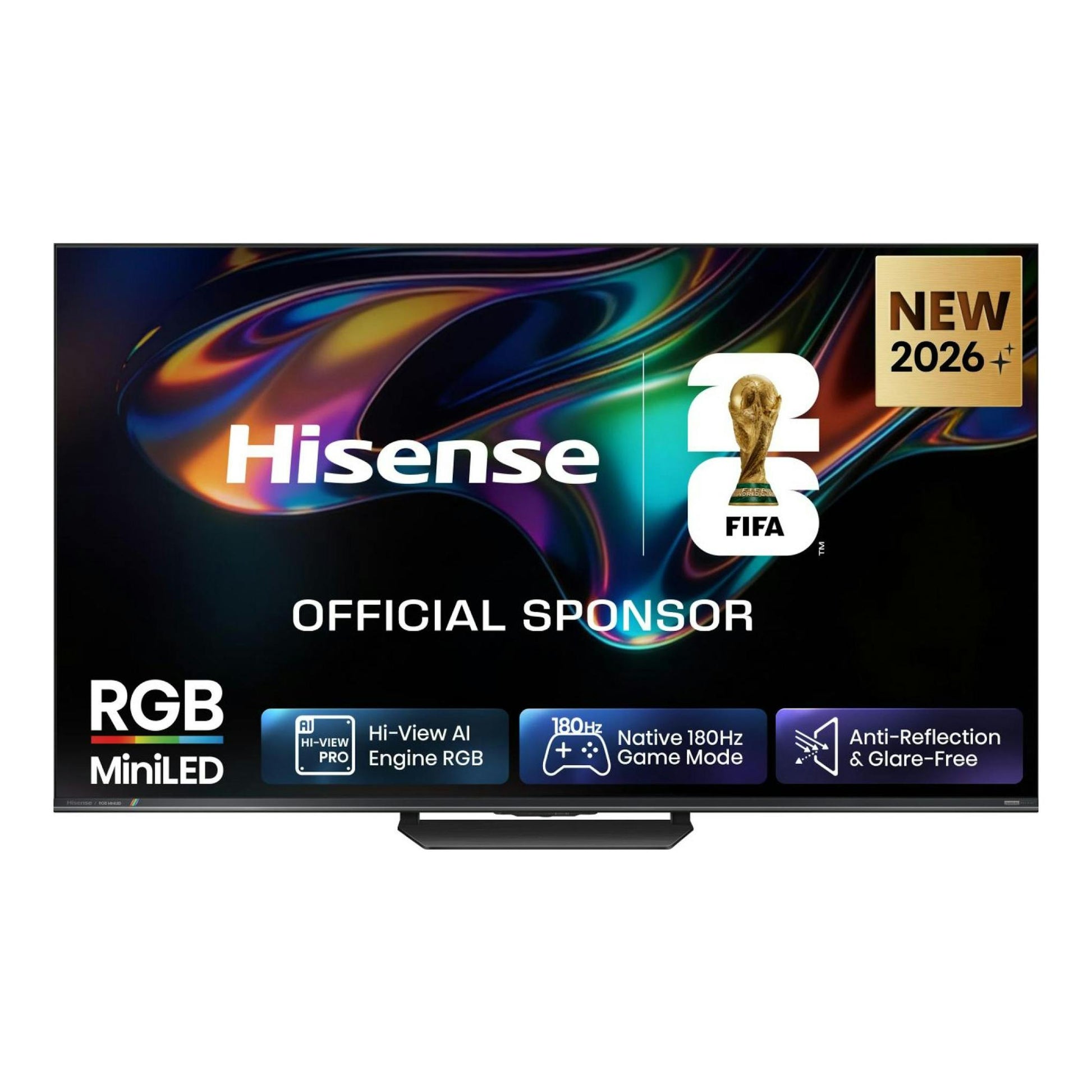 Televisor Hisense 55UR8S MiniLED RGB, vista frontal, con fondo negro, gráficos de colores y base central.
