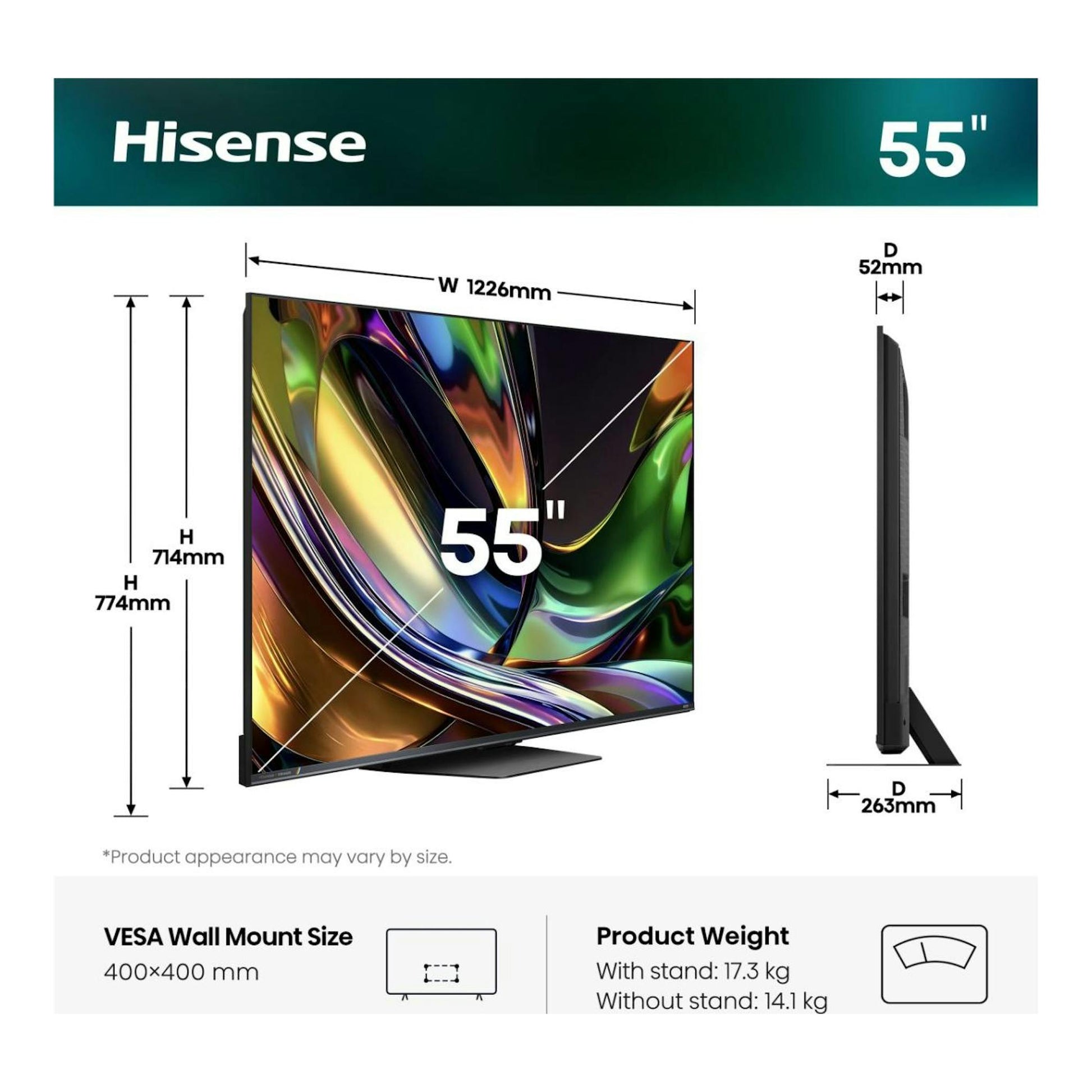 Hisense 55UR8S, televisor de 55", vistas frontal y lateral con medidas, soporte y base, fondo blanco.