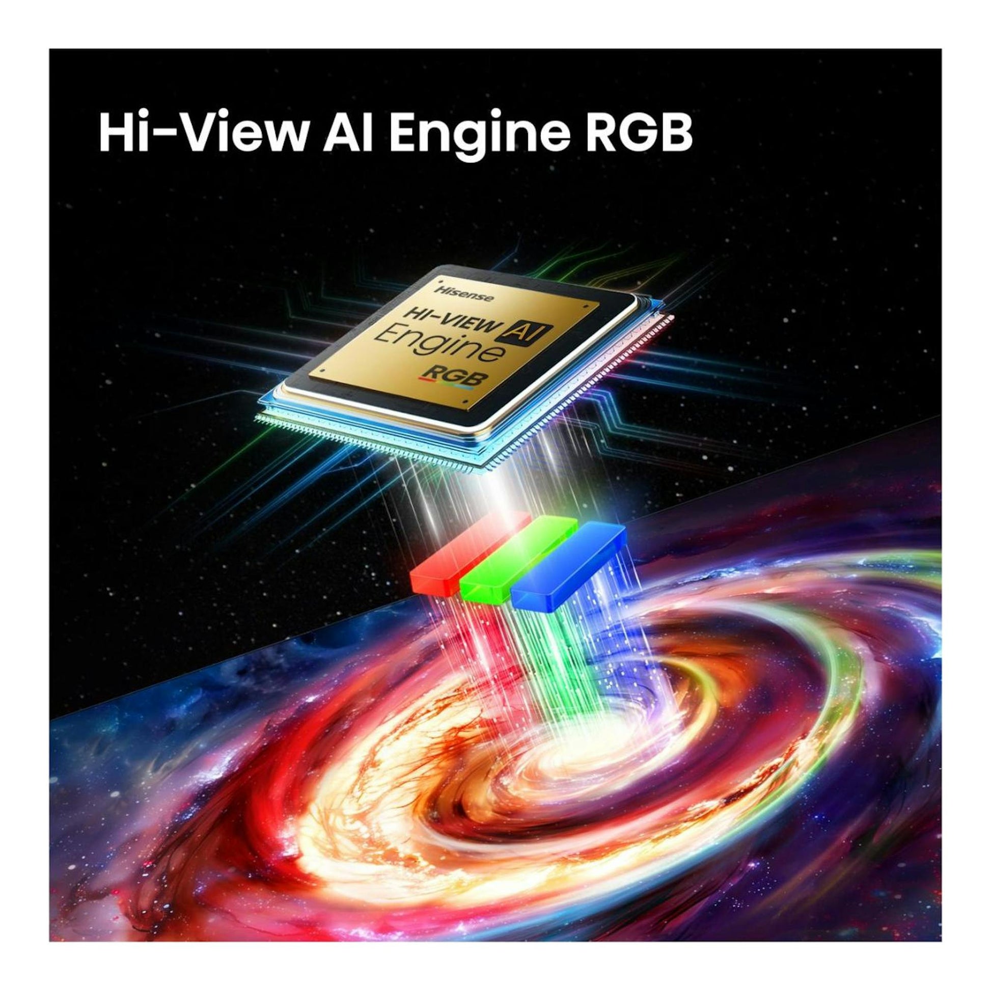 Ilustración de chip Hisense Hi-View AI Engine RGB sobre fondo negro con haces RGB y espiral de colores.