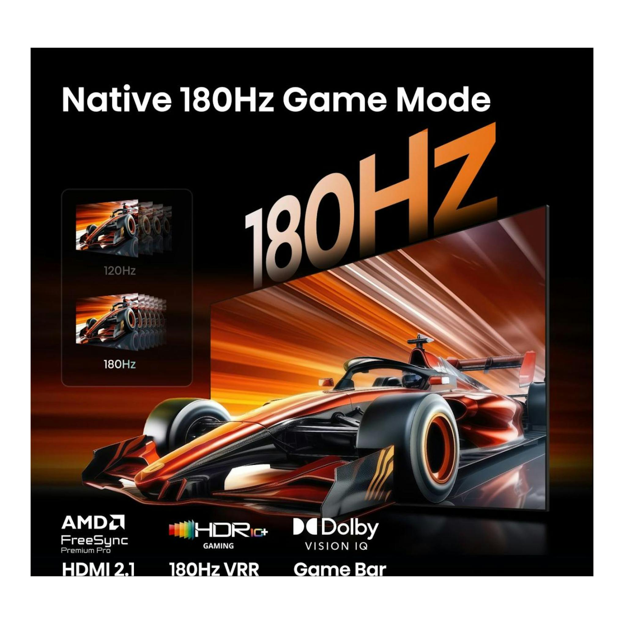 Hisense 55UR8S: gráfico promocional de TV con coche de carreras, texto “Native 180Hz Game Mode” y logos HDR/Dolby.
