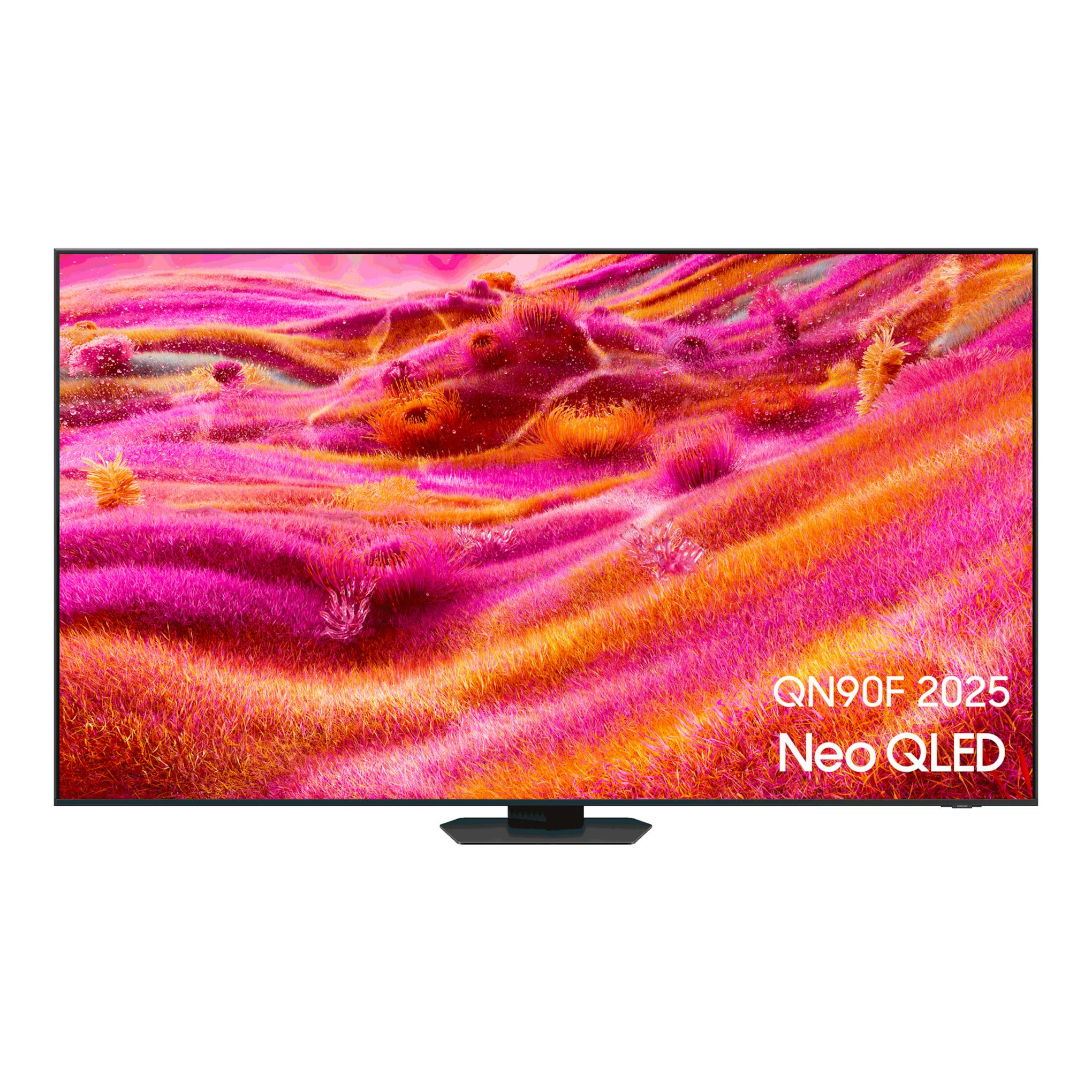 Televisor Samsung TQ55QN90FATXXC Neo QLED, vista frontal, pantalla con fondo rosa y naranja, base central negra.