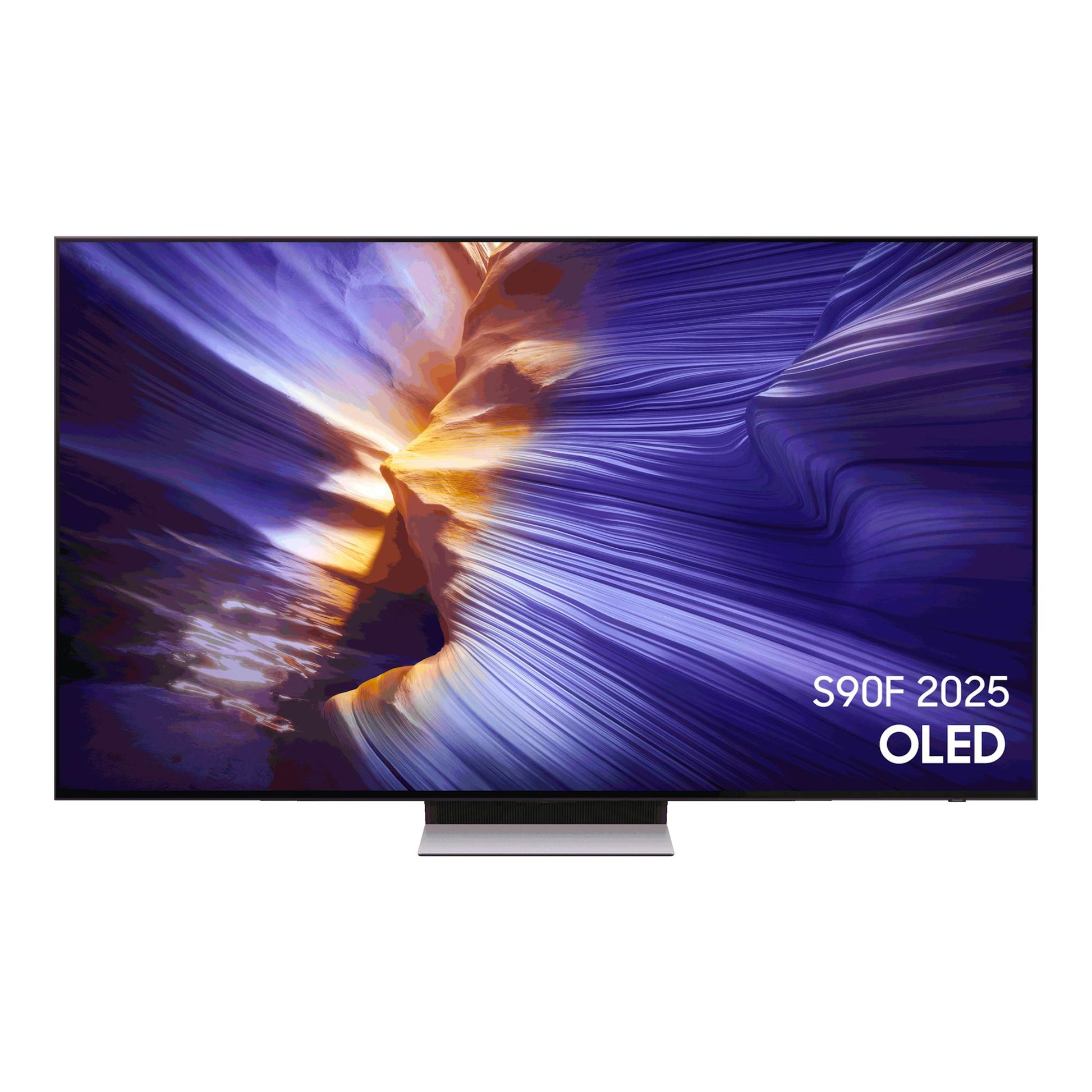 Televisor Samsung TQ55S90FAEXXC, vista frontal, pantalla OLED negra con peana central gris.