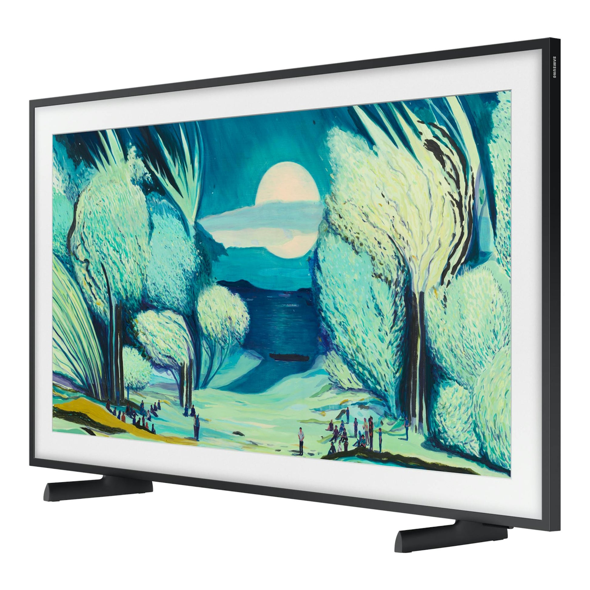 Televisor Samsung The Frame TQ55LS03FAUXXC, vista en ángulo, marco negro y pantalla con ilustración azul.