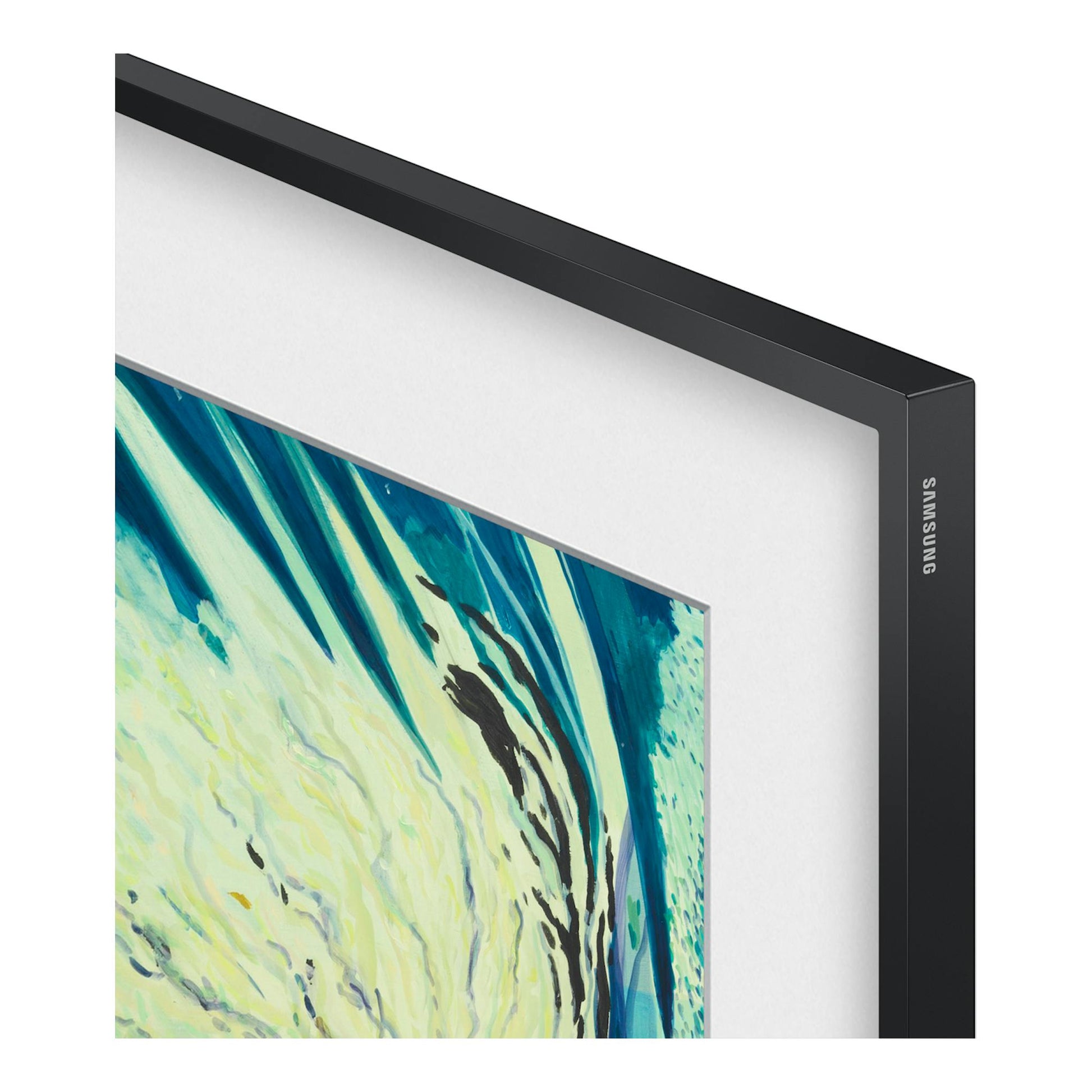 Televisor Samsung The Frame TQ55LS03FAUXXC, vista en ángulo, marco negro y pantalla con arte.