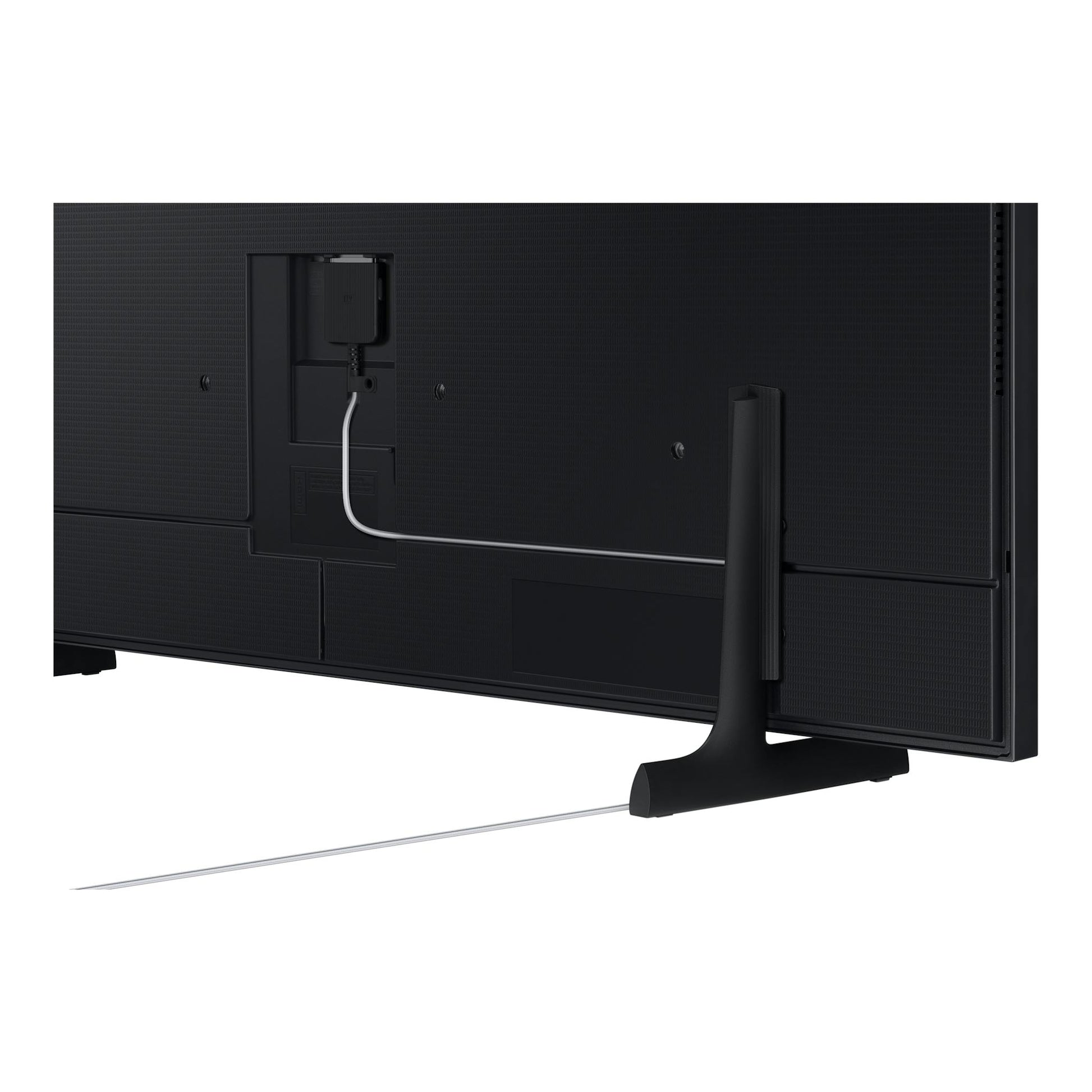 Parte trasera de un televisor Samsung The Frame TQ55LS03FAUXXC negro, con soporte y cable visible.
