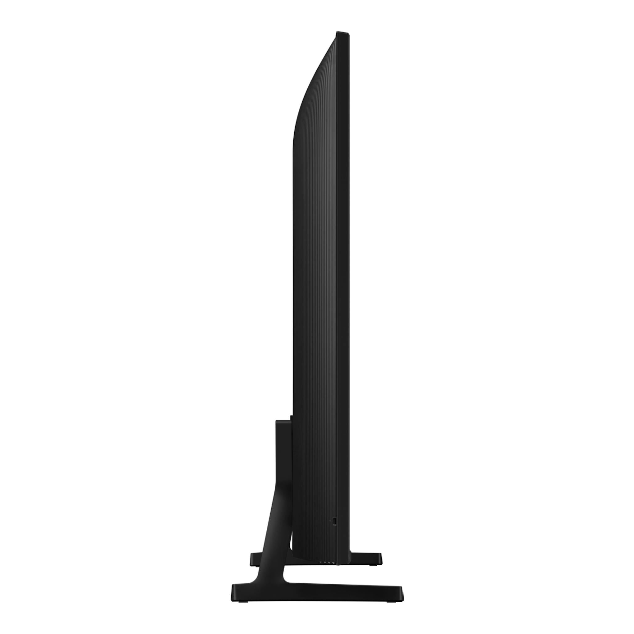 Televisor Samsung TQ55Q7FAAUXXC negro, vista lateral, con base trasera y perfil delgado.
