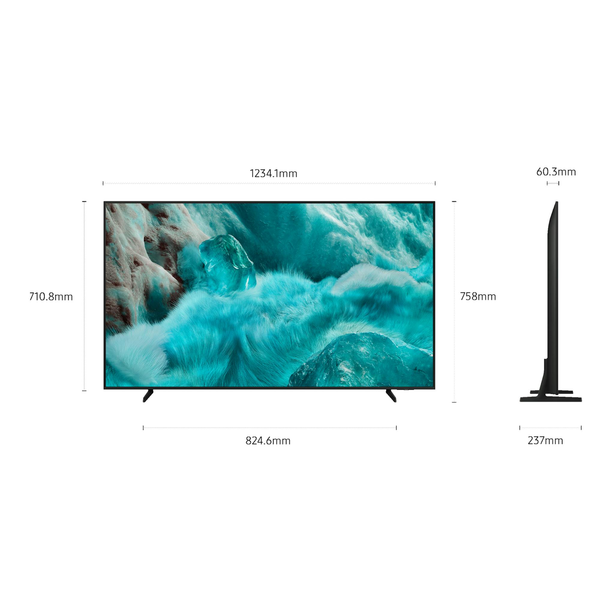 Televisor Samsung TQ55Q7FAAUXXC en vista frontal y lateral, pantalla negra con soporte y medidas indicadas.