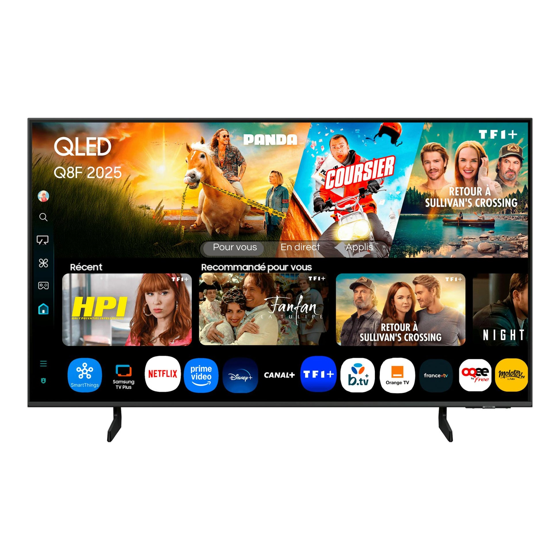 Televisor Samsung TQ55Q8FAAUXXC QLED, vista frontal, pantalla con interfaz de streaming y apps.