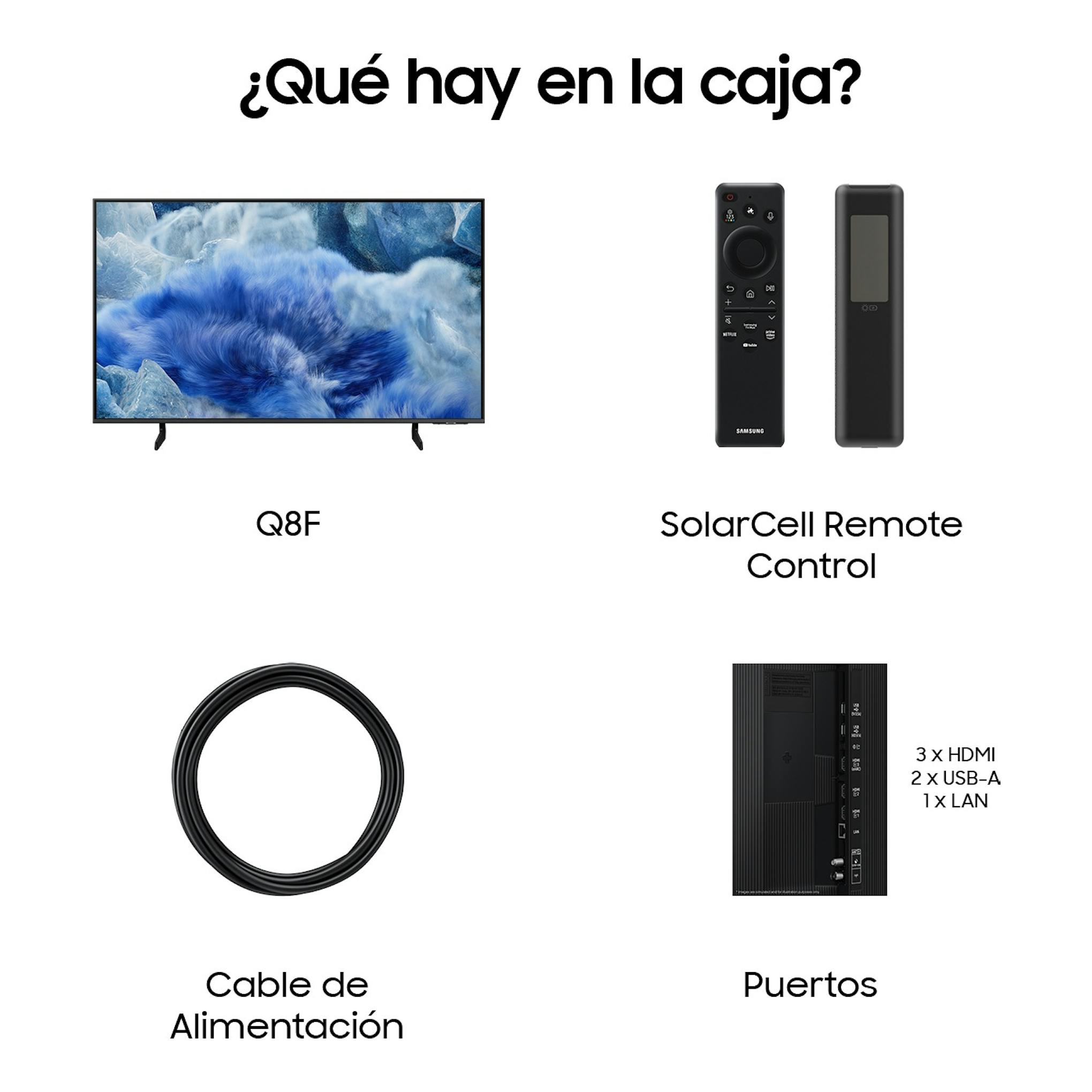 Samsung Q8F: infografía con televisor frontal, mando SolarCell, cable de alimentación y puertos.