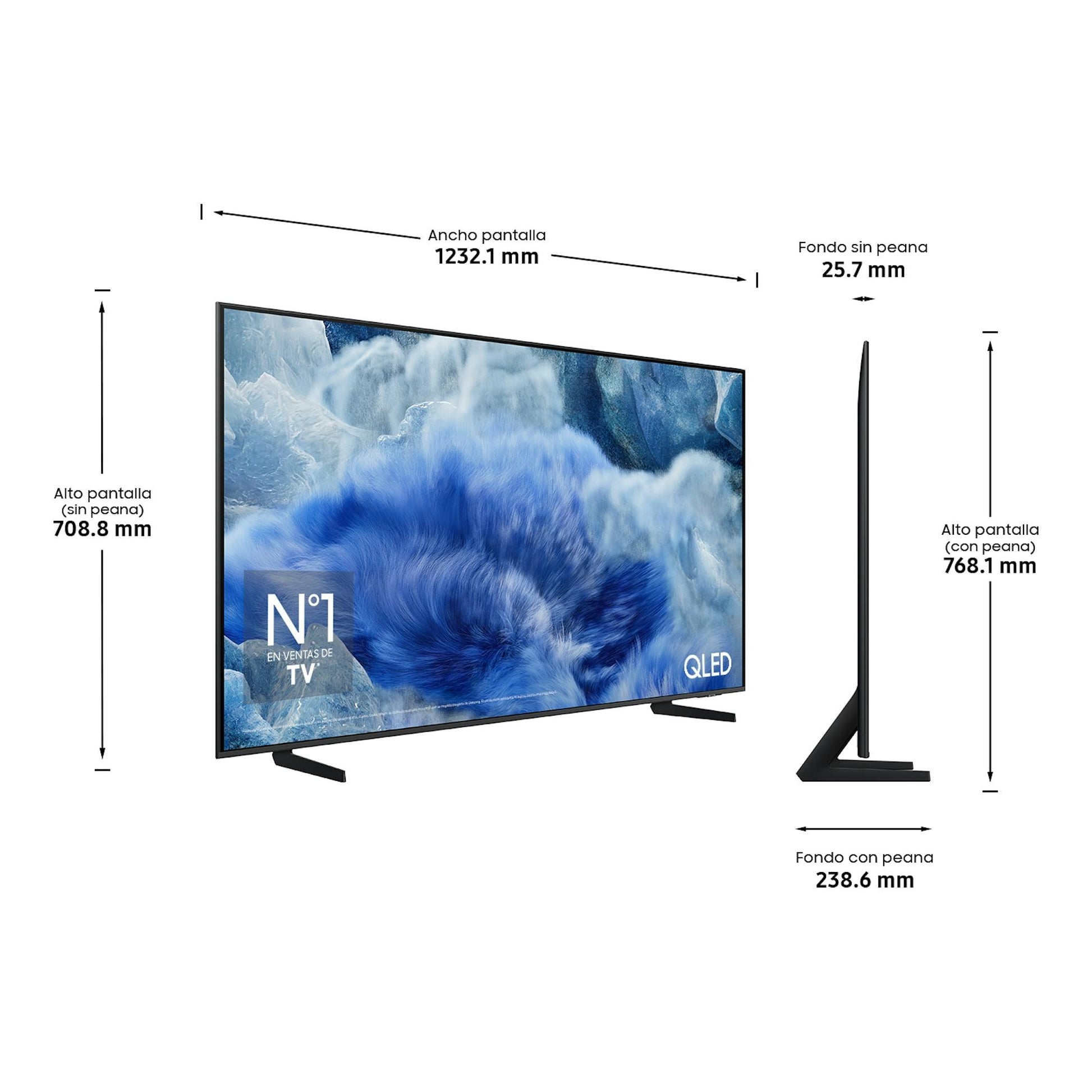 Samsung TQ55Q8FAAUXXC, televisor QLED en vista frontal y lateral, con medidas de pantalla y peana.