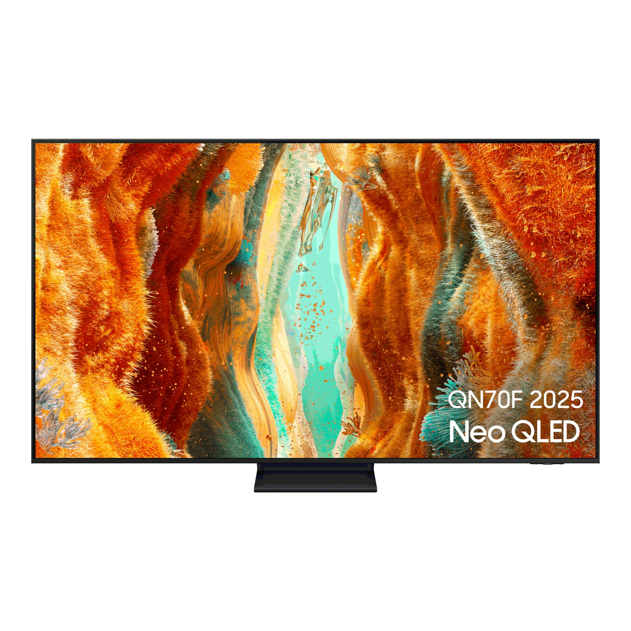 Televisor Samsung QN70F 2025 Neo QLED, vista frontal, pantalla negra con peana central.