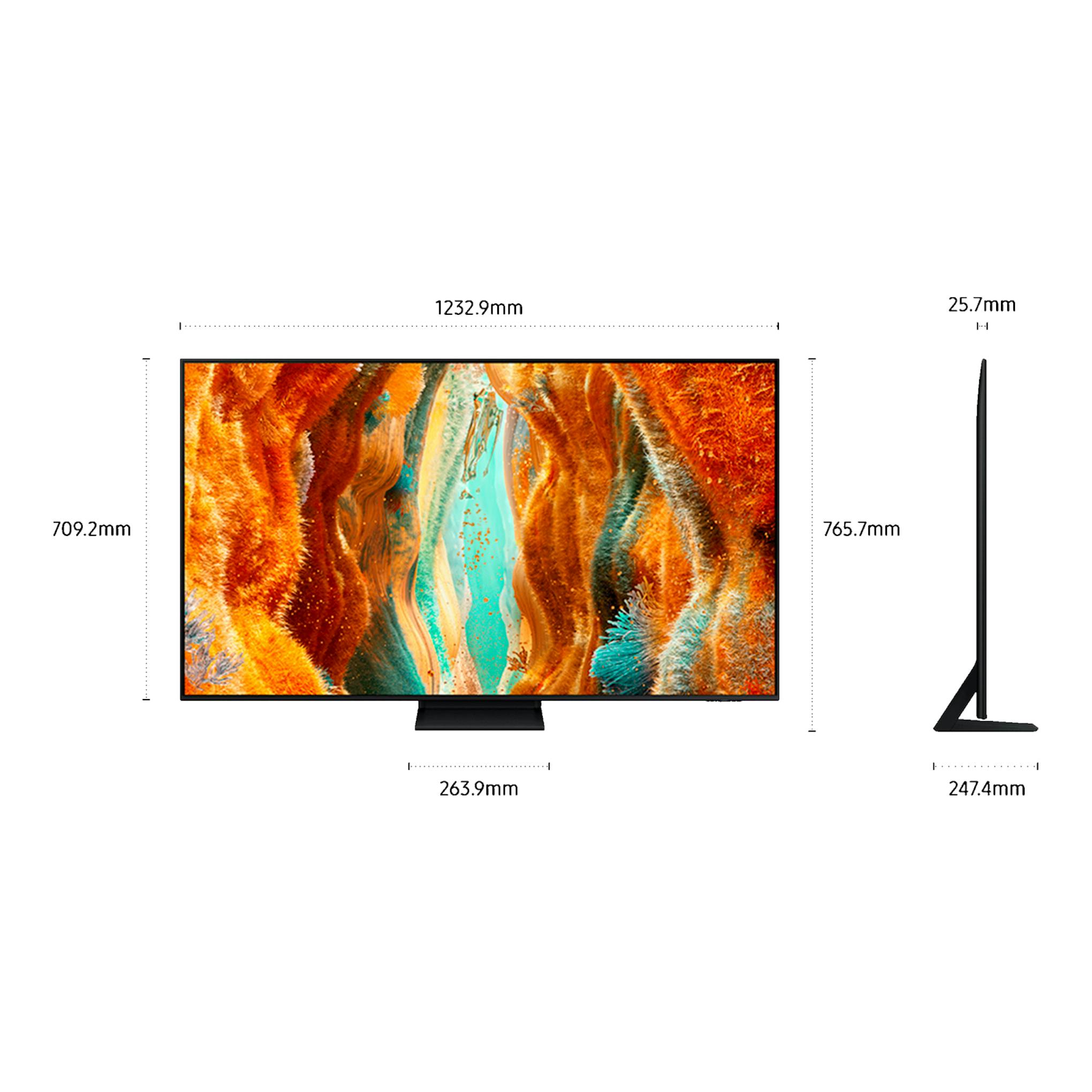 Samsung TQ55QN70FAUXXC: televisor negro, vista frontal y lateral, con pantalla y medidas en mm.