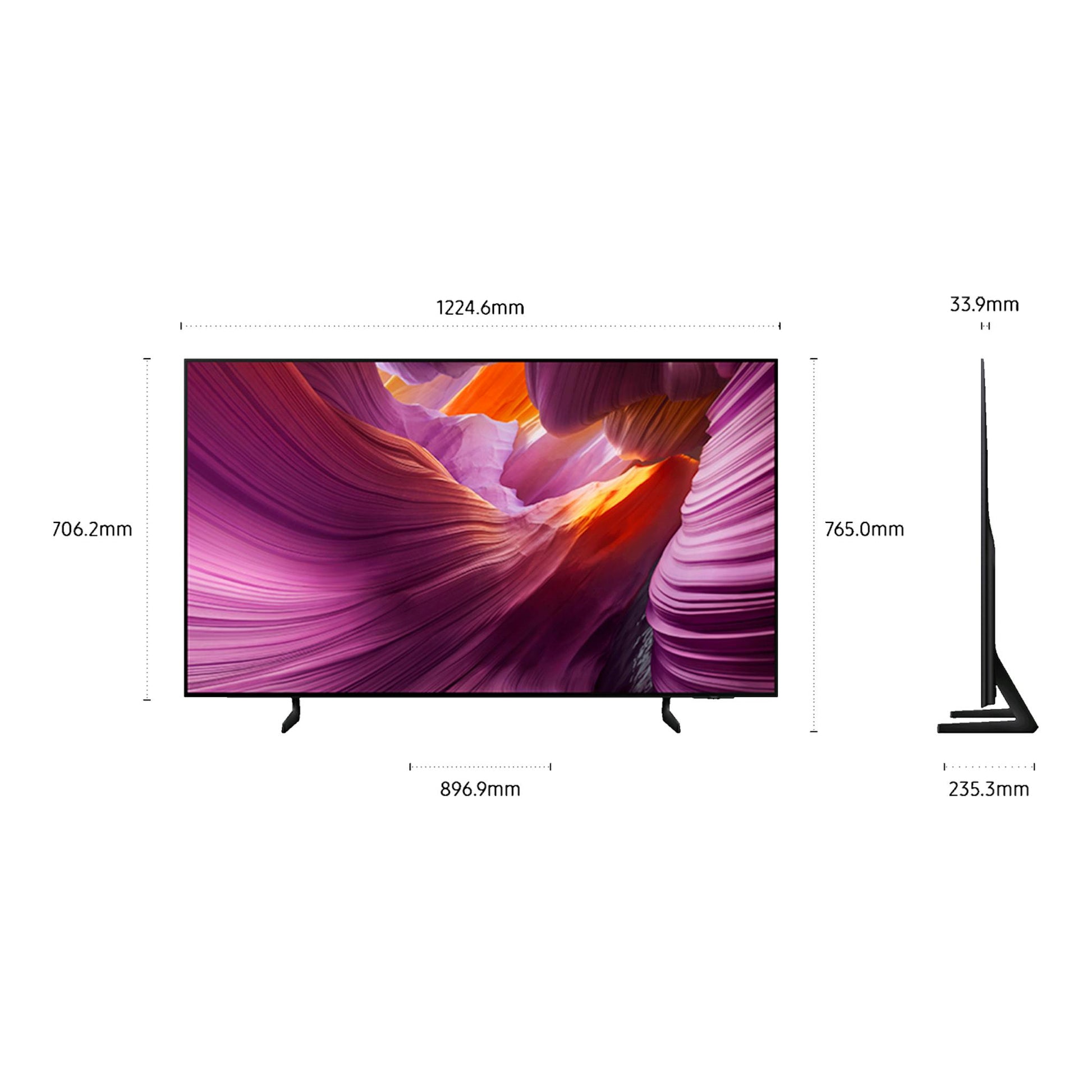 Televisor Samsung TQ55S85FAUXXC negro, vista frontal y lateral con medidas.