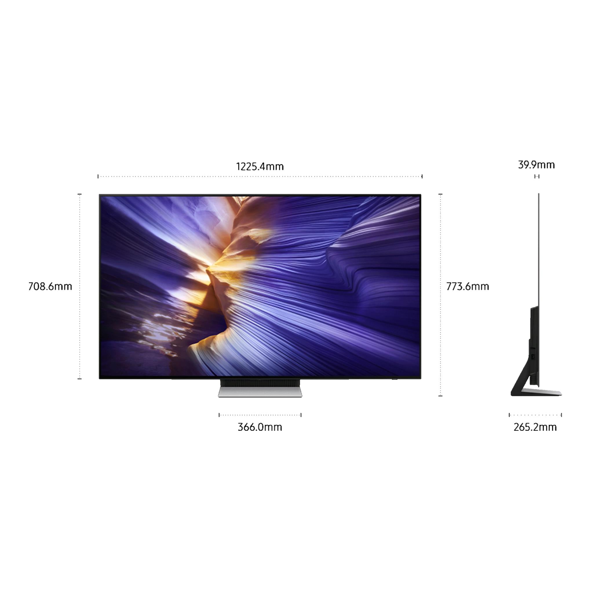 Samsung TQ55S90FAEXXC: televisor OLED 4K UHD en vista frontal y lateral, con dimensiones indicadas.