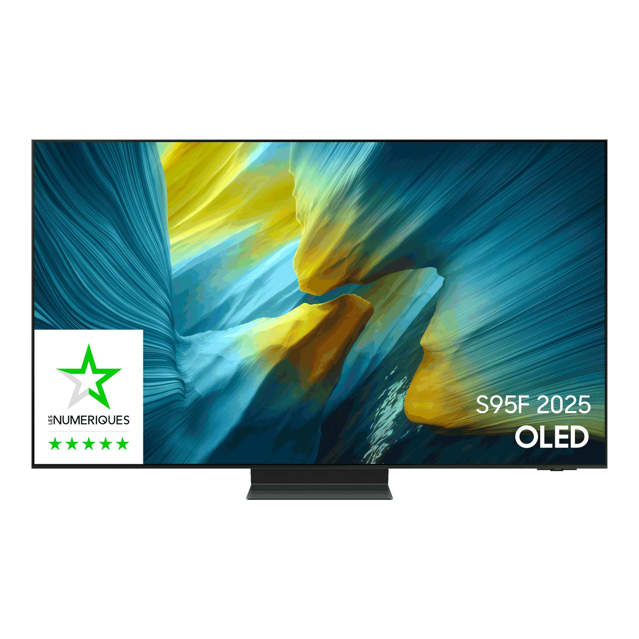 Televisor Samsung S95F 2025 OLED, vista frontal, con peana central y fondo abstracto azul, amarillo y verde.