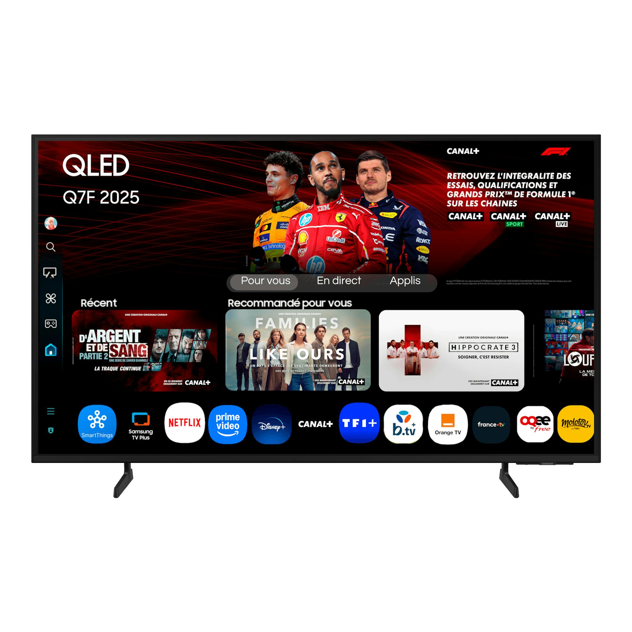Televisor Samsung QLED Q7F 2025, vista frontal, con interfaz de streaming y contenido deportivo.