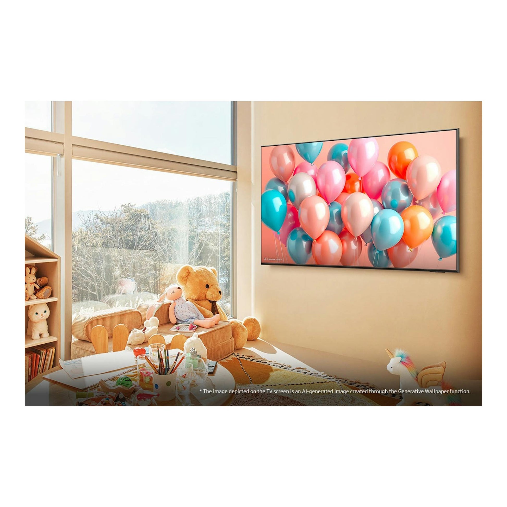 Televisor Samsung TQ55Q7FAAUXXC montado en pared, con pantalla mostrando globos de colores.
